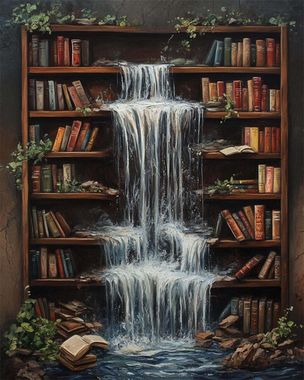 RKFLGEW DIY Seed Bead Embroidery Kits Fantasy Waterfall Bookshelf 50x70cm
