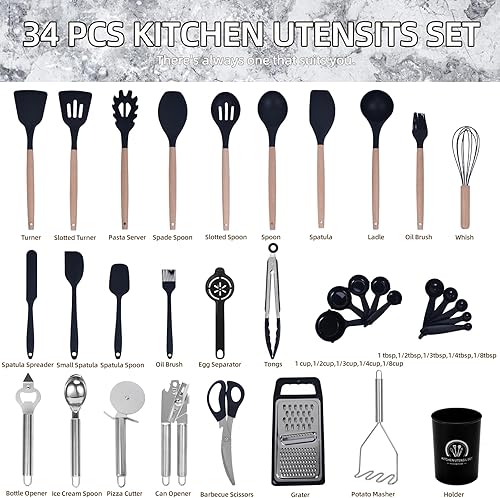 Miniatura 2 de Juego de utensilios de cocina, 34 piezas, juego de utensilios de cocina de silicona para utensilios de cocina antiadherentes, juego de espátulas de