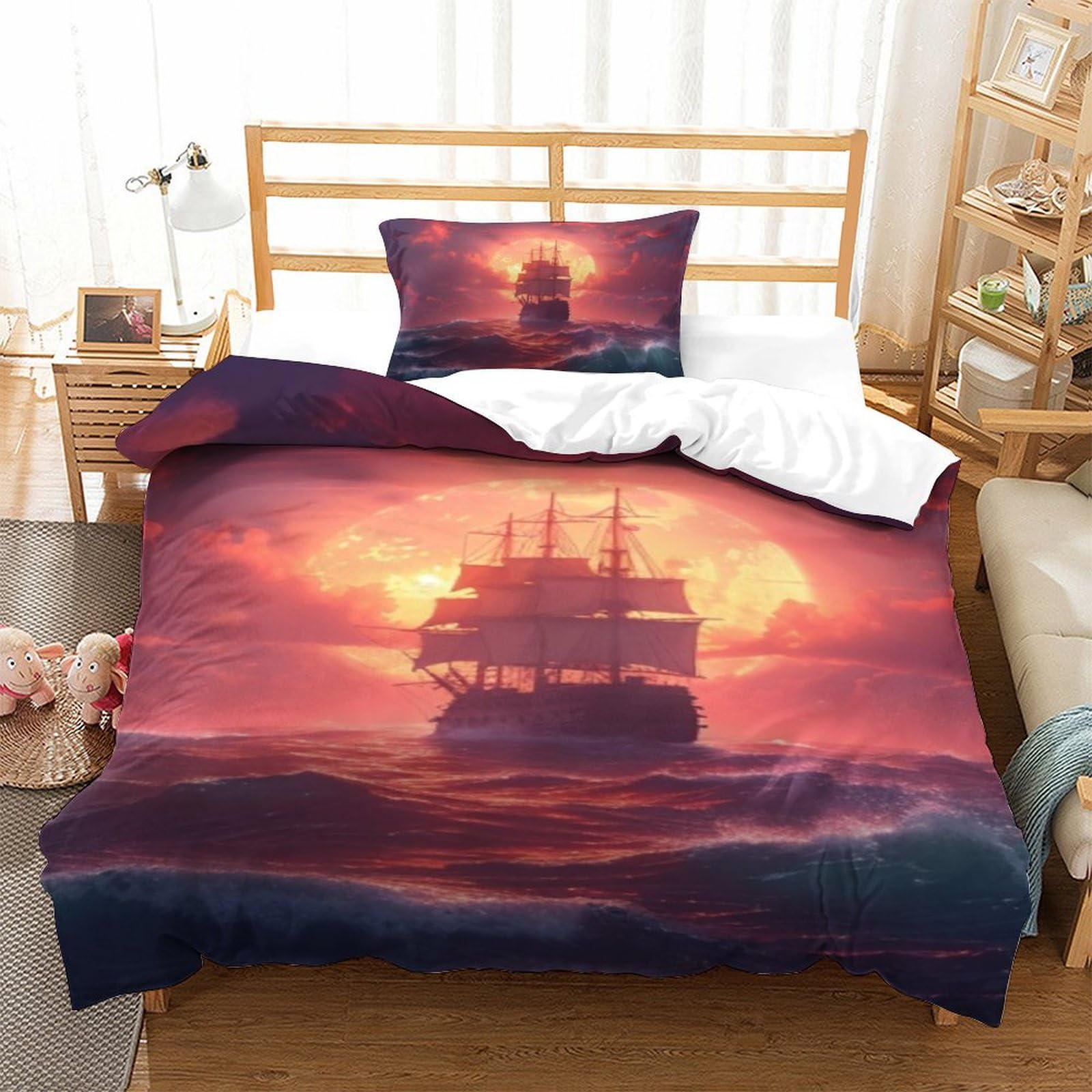Housse de couette 135x200 sans repassage imprimé 3D voilier anti-plis