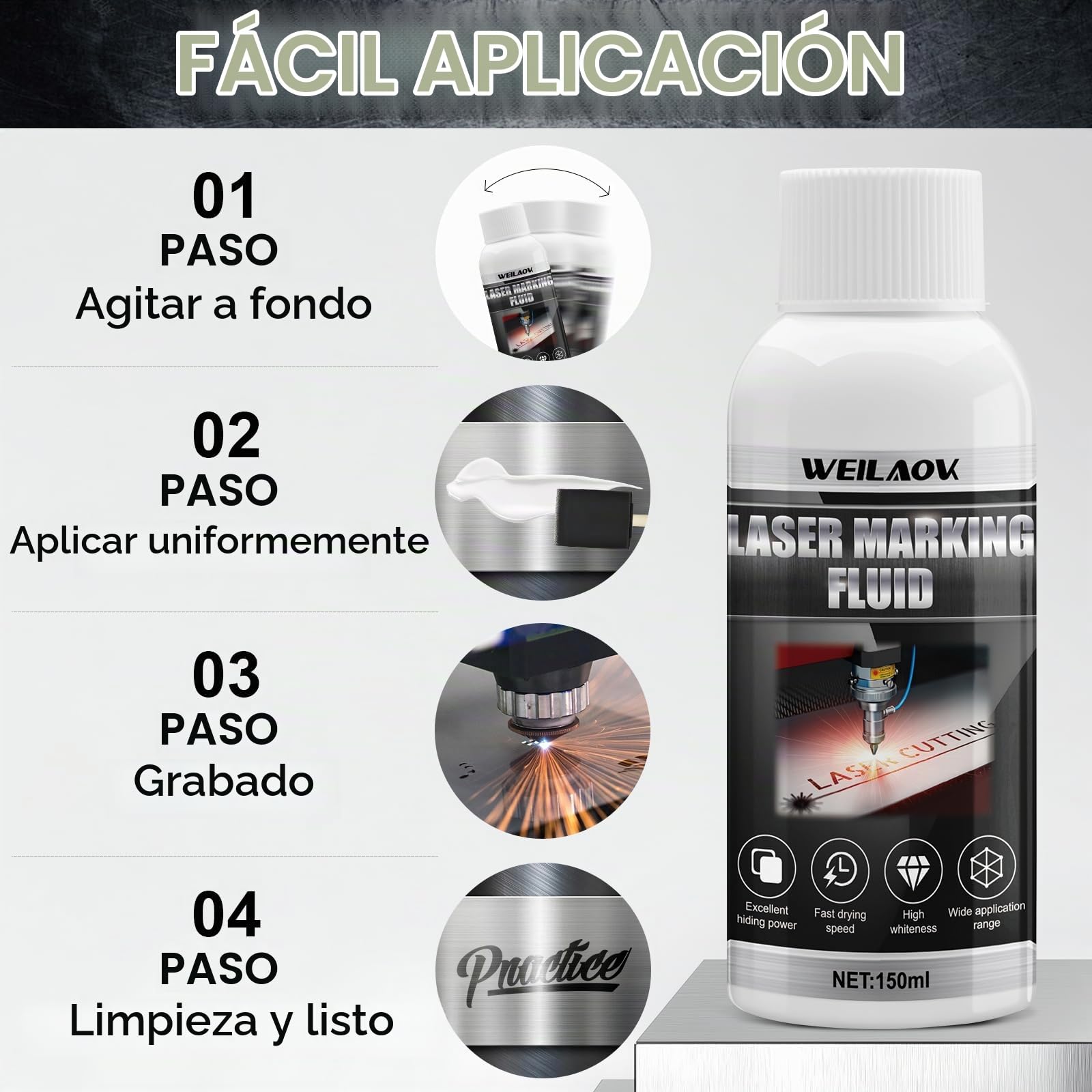 Fluido per Marcatura Laser, Polvo de Marcado Láser, Fluido para Marcado Láser de Metales, Secado Rápido, Apto para Grabado Láser, Metal, Joyería, Vidrio, Aluminio y Acero Inoxidable, 150ml