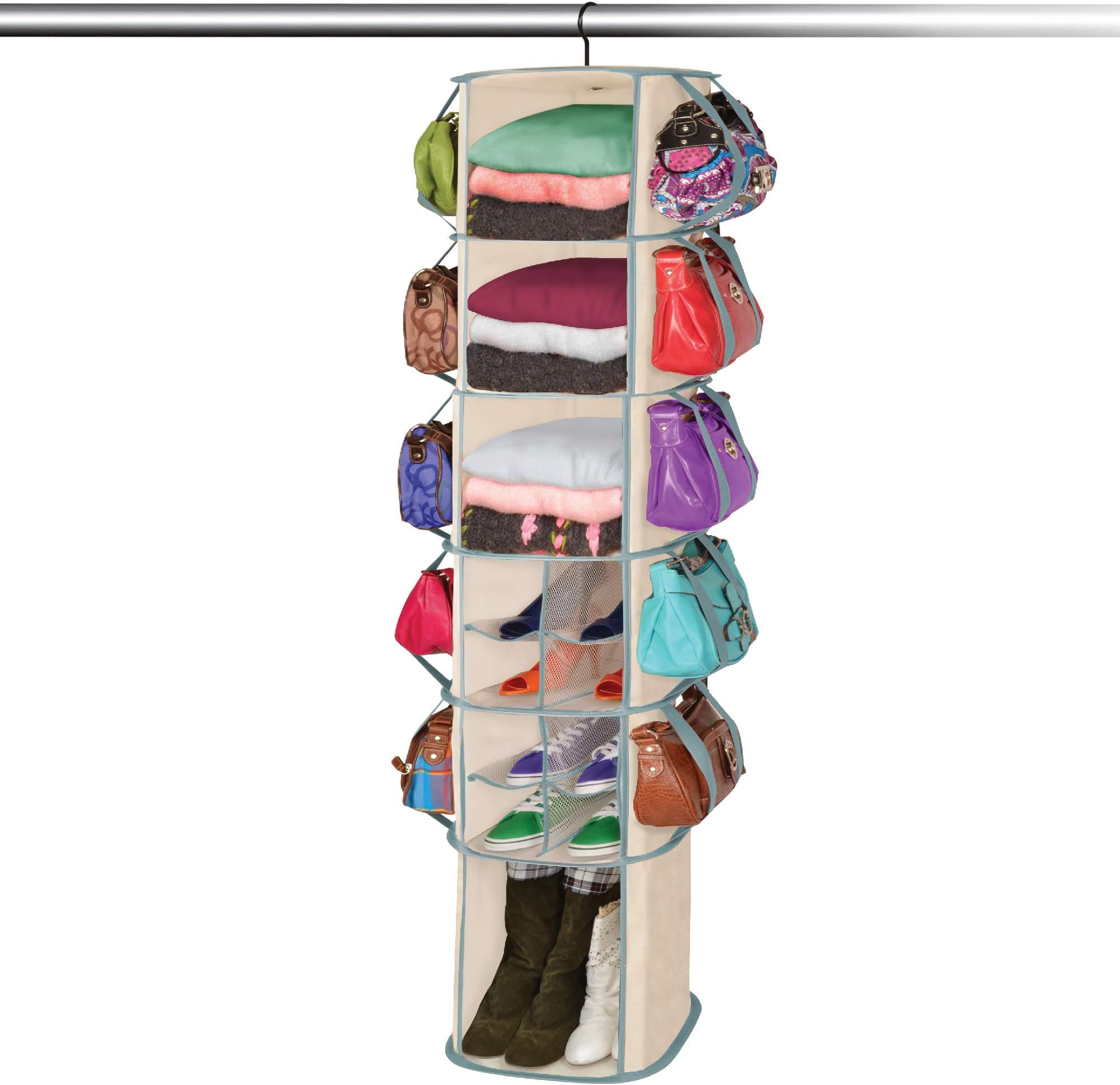 Smart Design 6-Tier Smart Carousel Square Hanging Organizer w/ 40 Pockets, Foldable Drawer - 360 Degree Swivel - Clothing, Shoes, & Closet - Home Organization (13 x 60 Inch) [Beige]