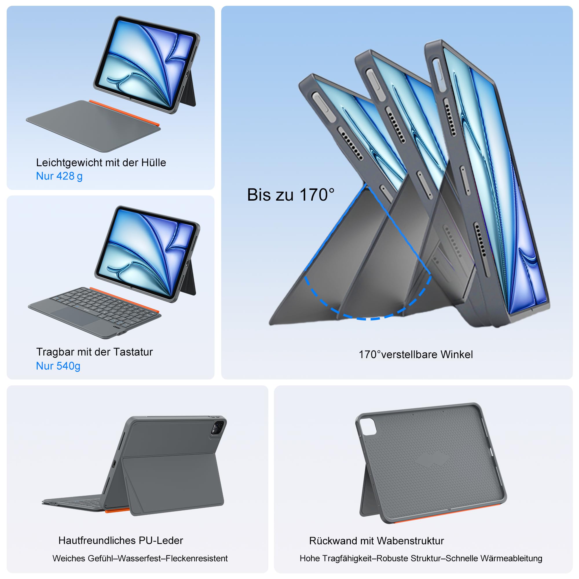 WIWU iPad Hülle mit Tastatur für Air 11" M4/M3/M2 2026/2025/2024 A16/10 Gen Magnetische Abnehmbare Tastatur Ständer Beleuchtete Tasten Touchpad (Grau, for iPad 11/10/Air 5/4/11"(M2/M3) Pro 11"4/3/2/1)