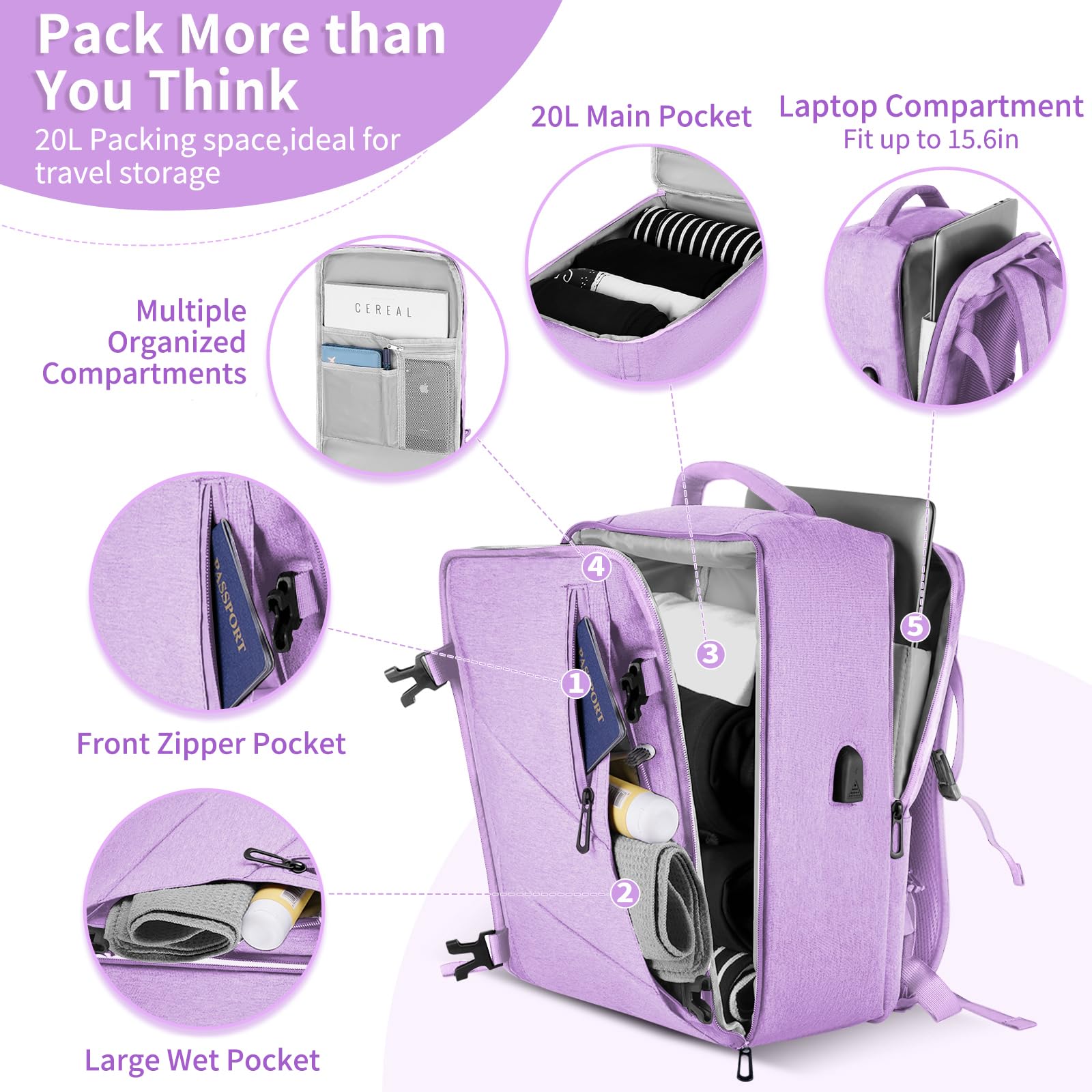 VOESLD Zaino per Ryanair 40x20x25, da Viaggio Aereo Bagaglio a Mano Viola per PC Donna Impermeabile, con Porta USB 20L