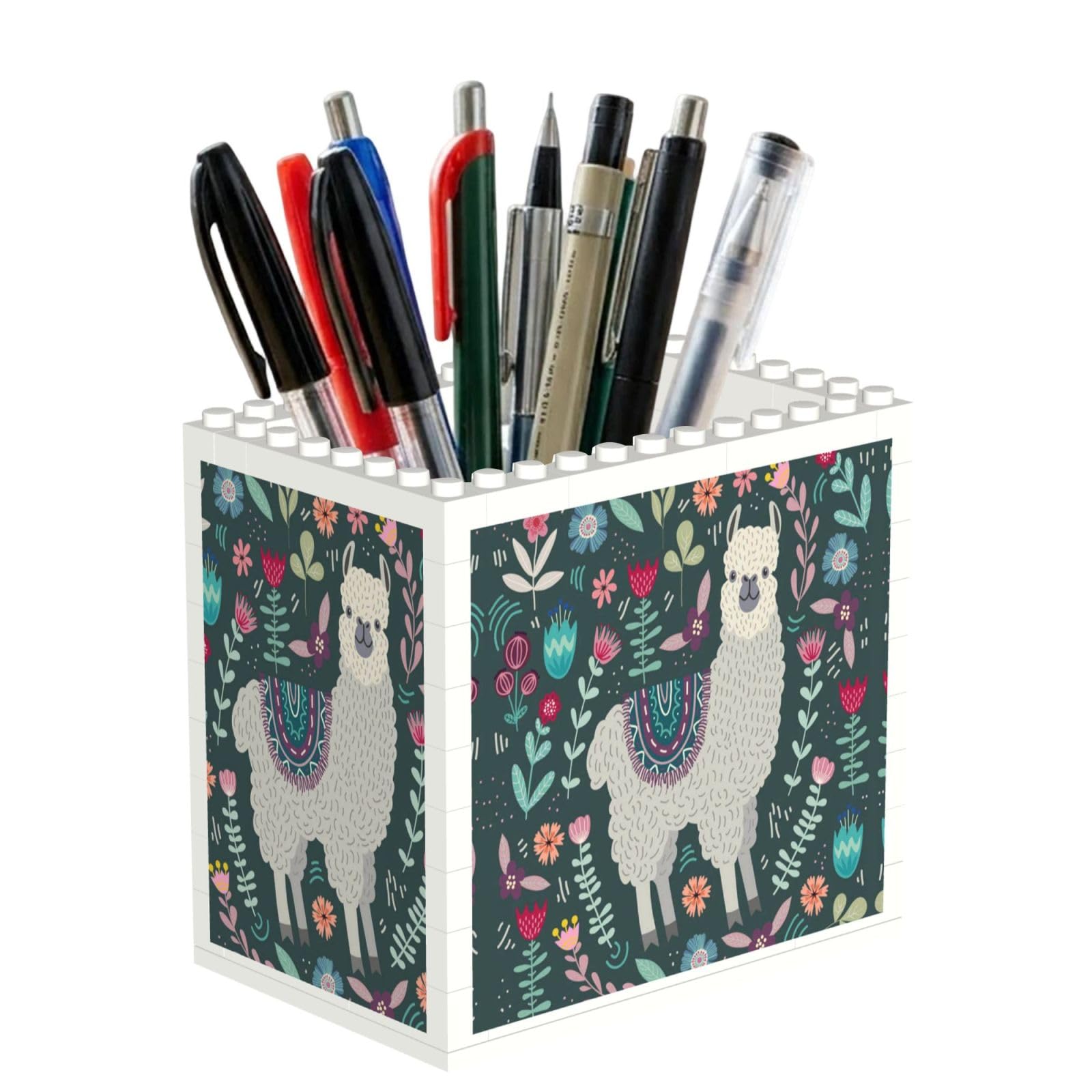 Satusa Women's White Flower Alpaca Print Building Block Texture Pen Holder - Pencil Holder For Desk Pen Organizer,Aesthetic Desk Accessories For (1Pcs)