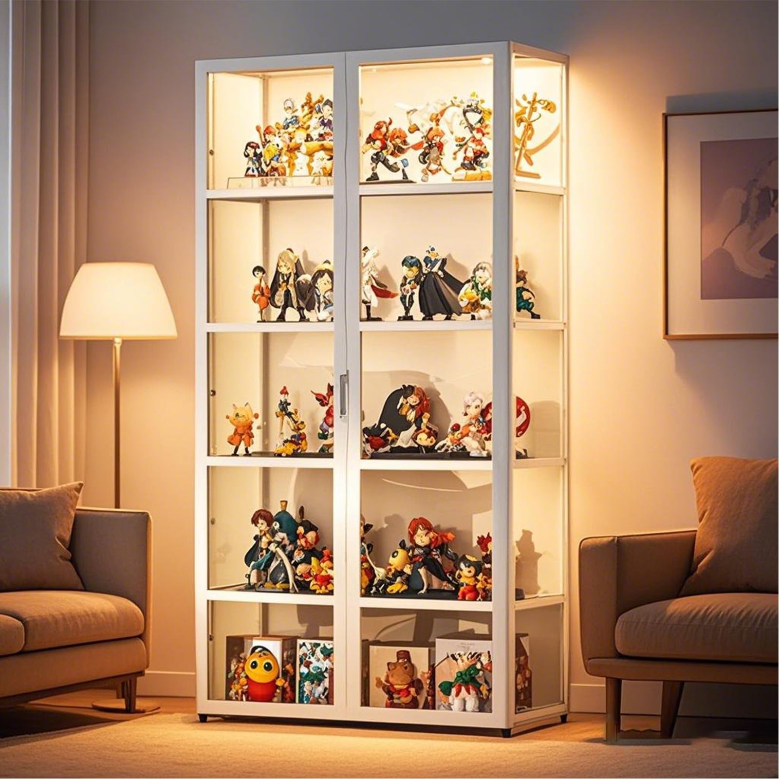 Vitrina expositora para Colecciones, Vitrina Cristal Vitrina expositora vidro à Prova de pó, Design de Porta de armário com LAPE sin luz.(82x 33 x 161cm/Blanco)