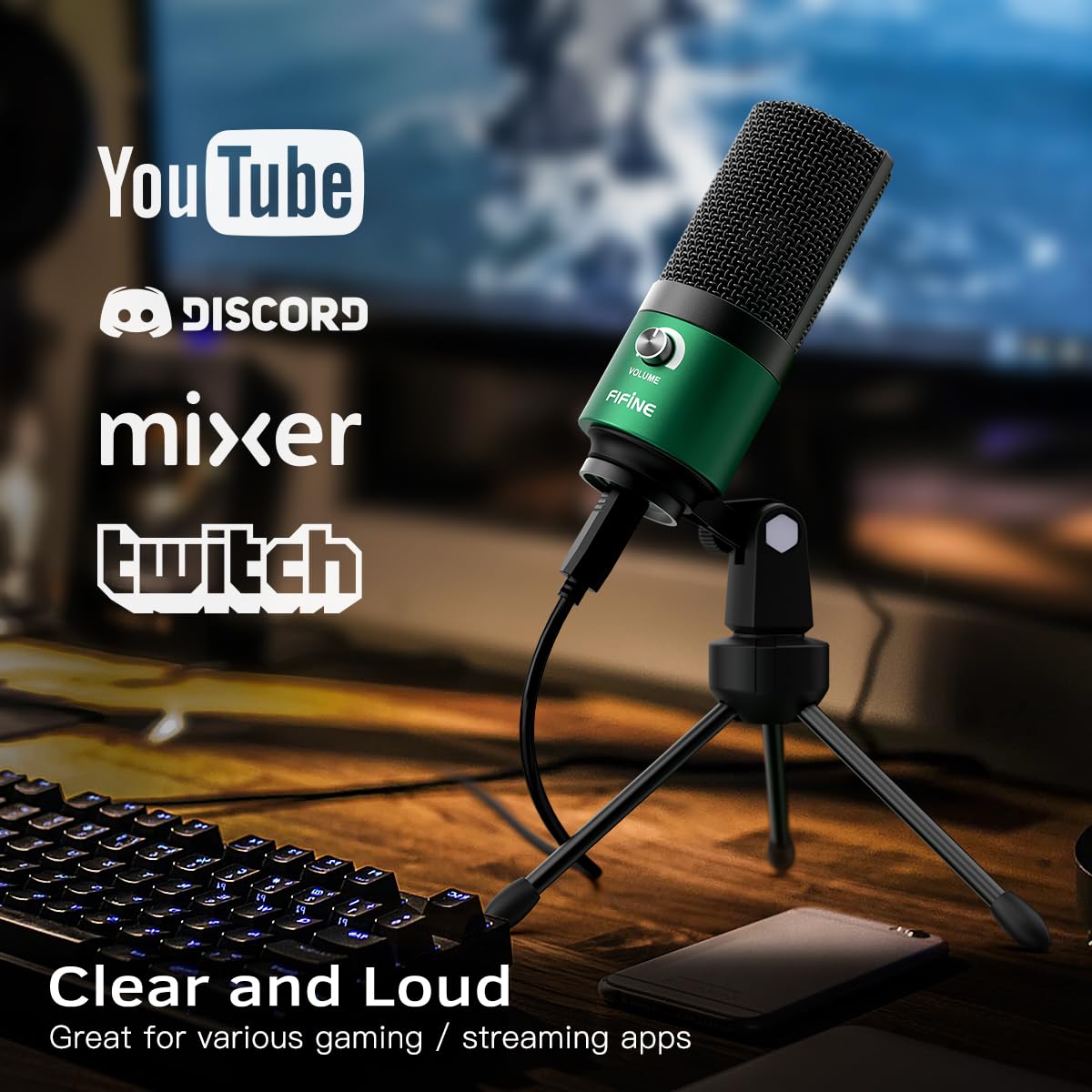 FIFINE K669G Microphone de jeu USB pour PC de bureau, PS4 et Mac, contrôle du gain, microphone d'ordinateur à condensateur externe pour streaming, podcasting, Twitch, Discord, Vert
