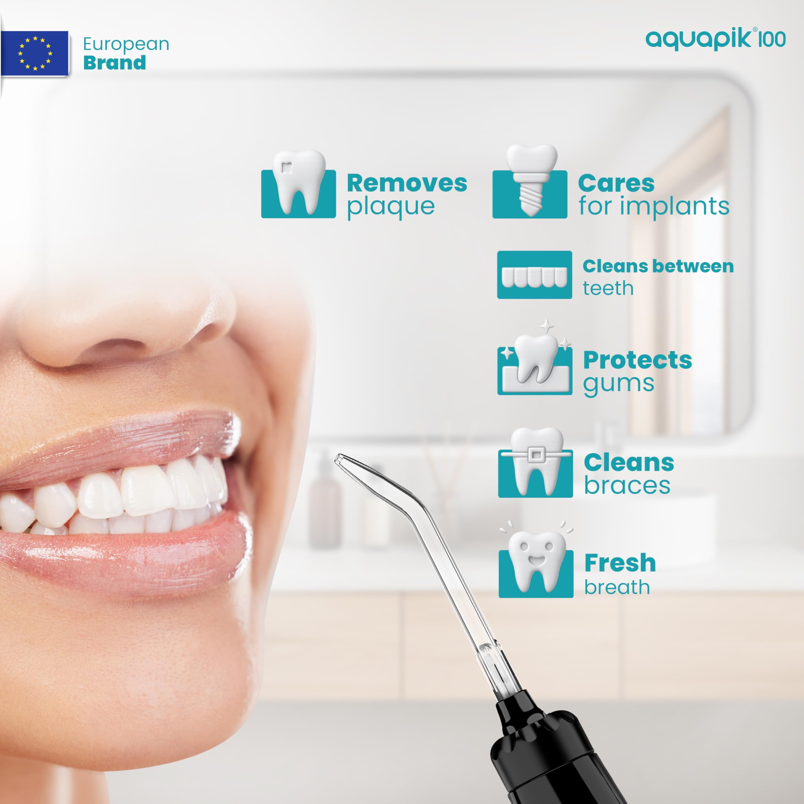 Aquapik100® profesjonalny waterflosser dentystyczny irygator do zębów głębokie czyszczenie 10 poziomów ciśnienia 8 dysz 600 ml do wrażliwych dziąseł ortodontycznych mostków implantów usuwa płytkę