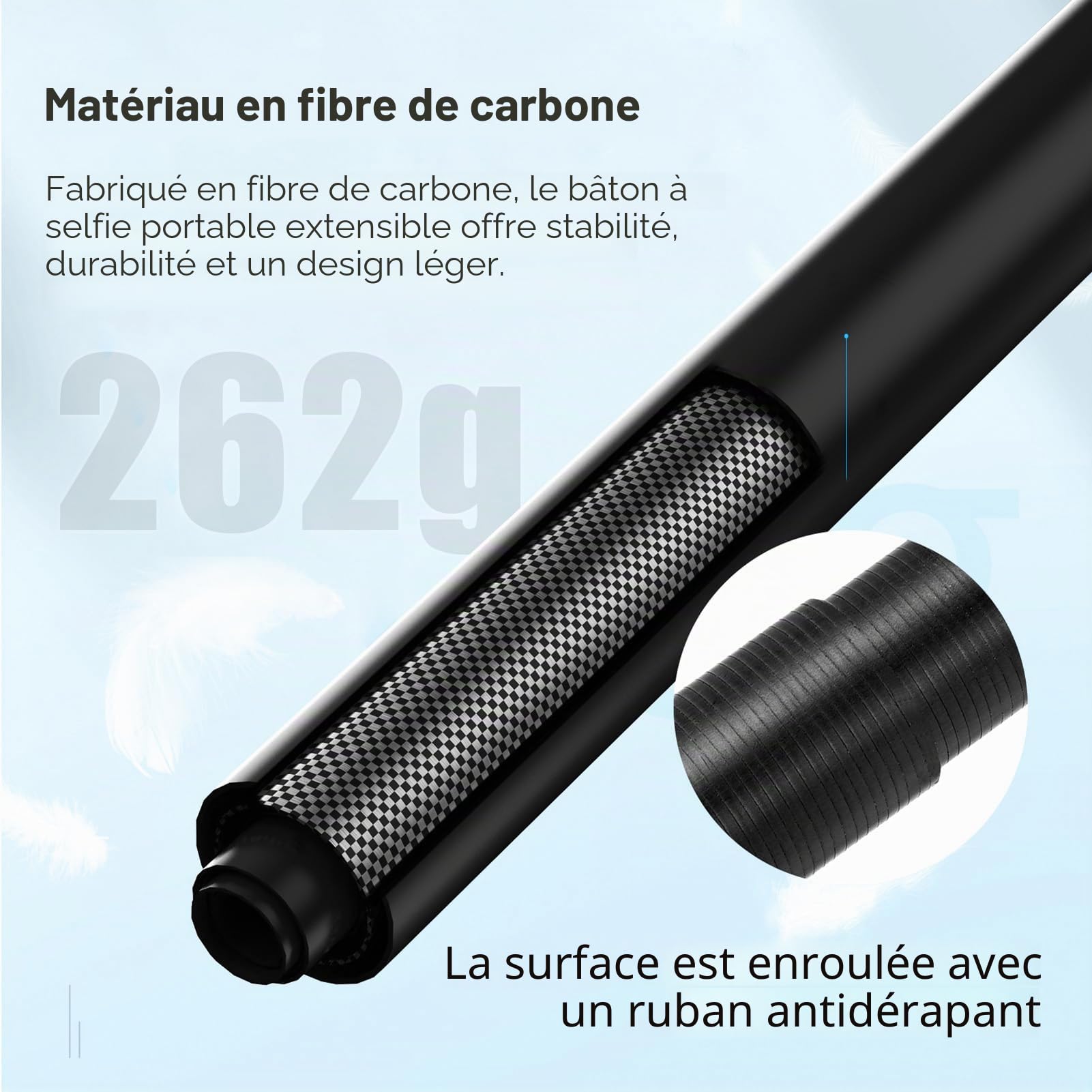 3 mètres Perche à Selfie Invisible pour caméra d'action, Extension réglable en Fibre de Carbone, vis 1/4 Pouce avec Sac de Rangement en Tissu pour caméra d'action Insta 360 One X/One X2/One R/X3/X4