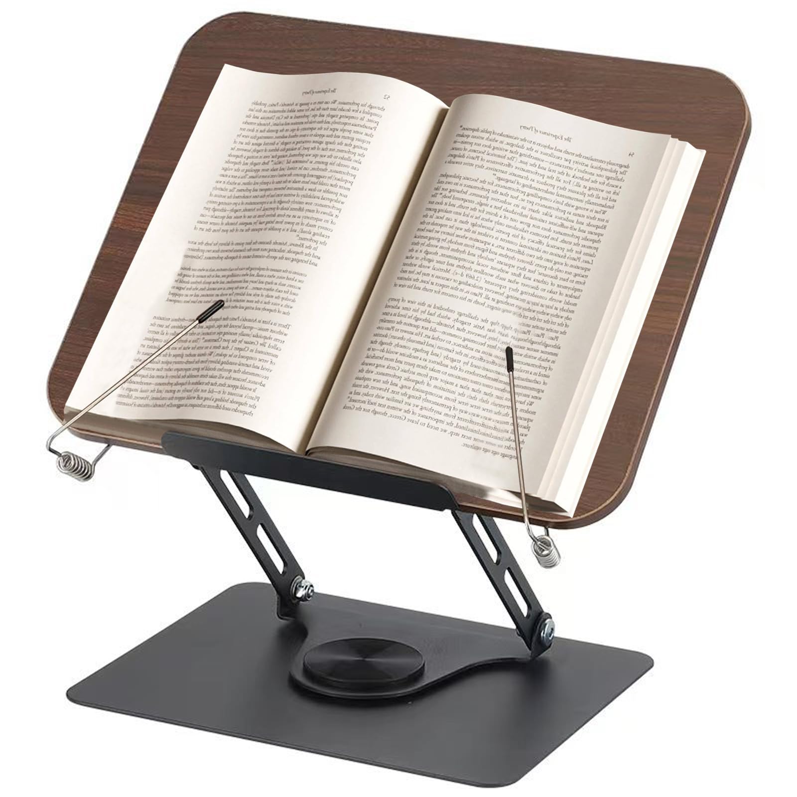 Atril para leer, soporte de lectura ajustable con base giratoria de 360°, soporte para libros de cocina de madera con clip lateral, soporte para libros de cocina, soporte de presentación para recetas