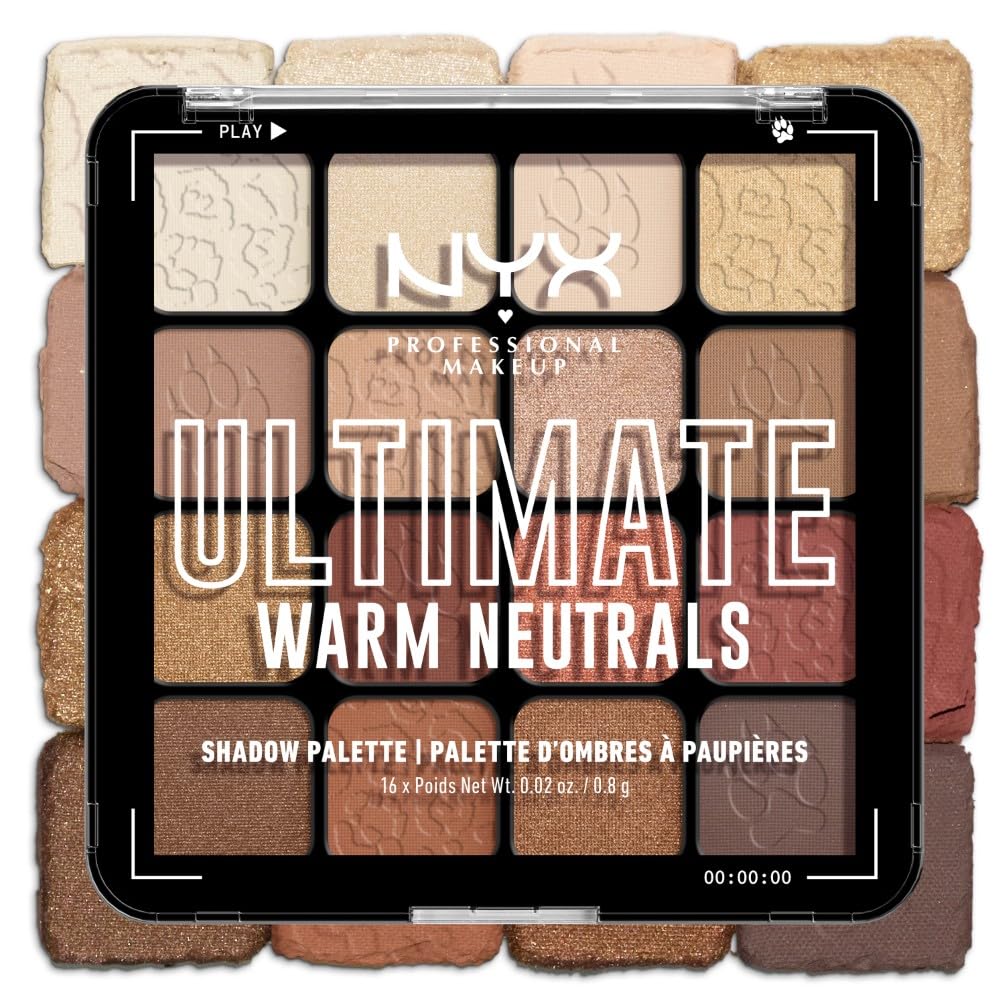 NYX Professional Makeup Ultimate Shadow Eyeshadow Palette, 16 Colours, Intense and Long Lasting Finish, Vegan Formula No Animal Derived Ingredients or Derivatives, Warm Neutrals