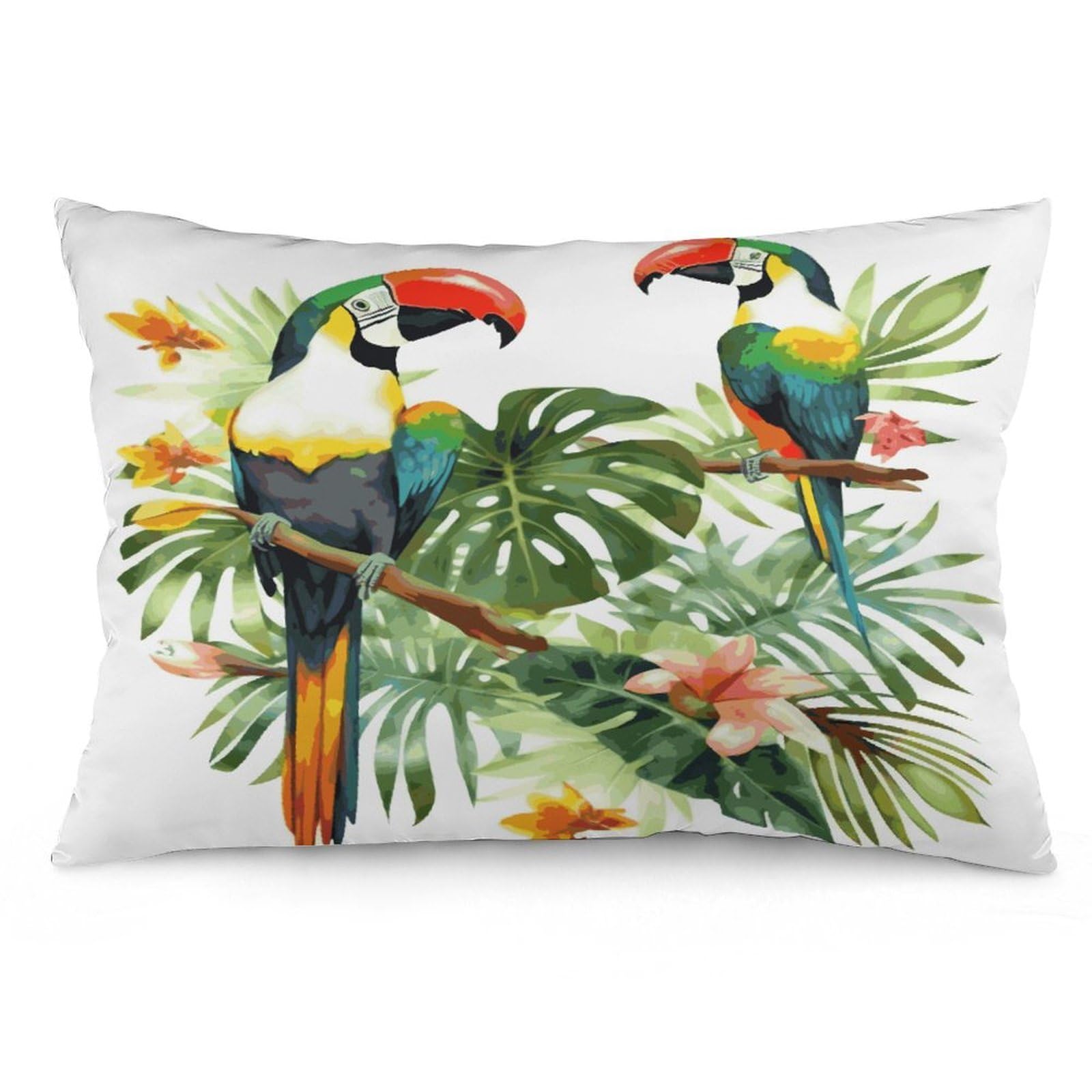 Toucans Parrot Palm Tree Leaves Throw Pillow Covers with Silent Zipper Polyester Pillow Protectors Removable Pillow Cases Soft Pillowcase Cozy Pillow Sham Cushion Cover for Sofa Car Bed 20"x30"