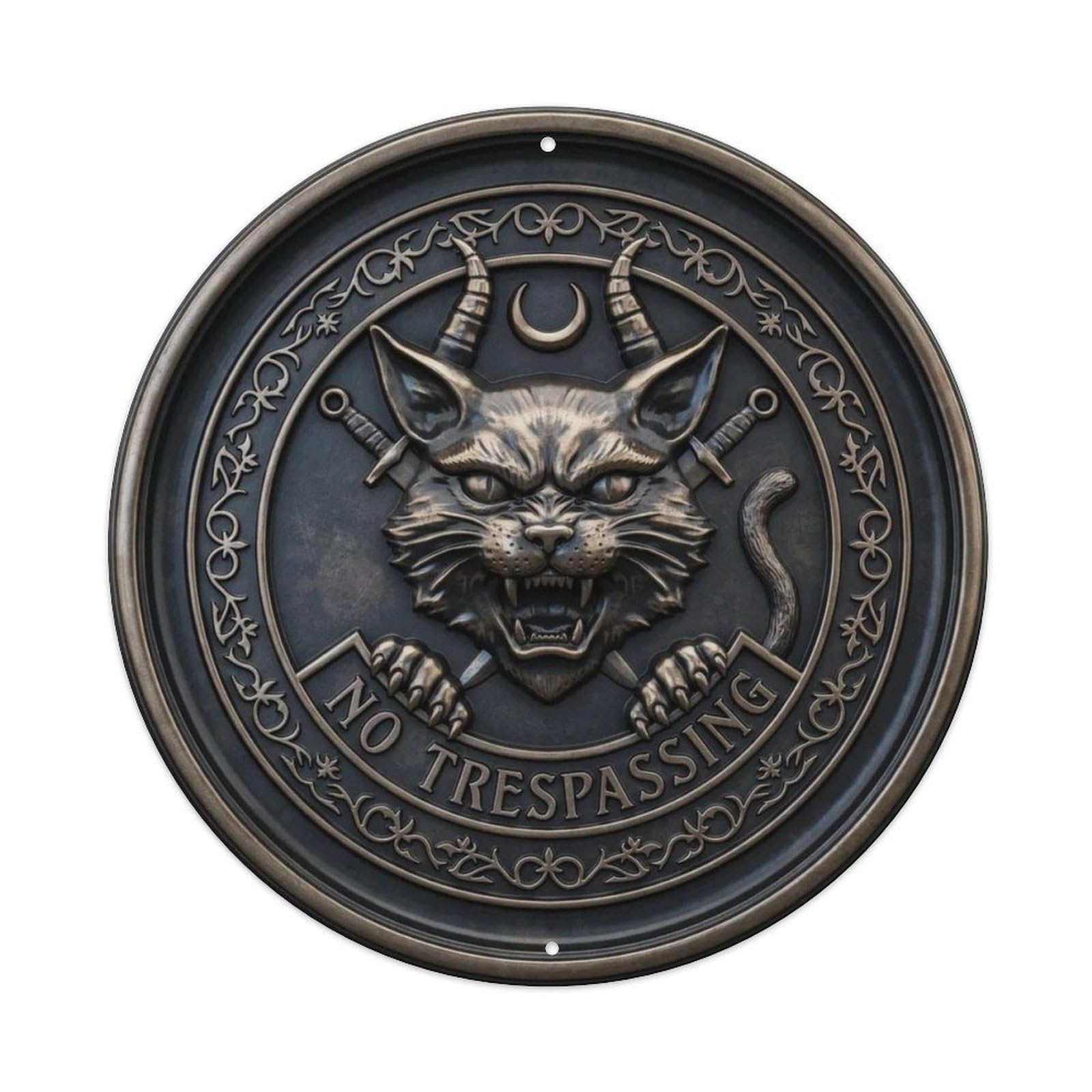 Skull Gargoyle 3D Brass Keep Out Round Metal Tin Sign Plaque