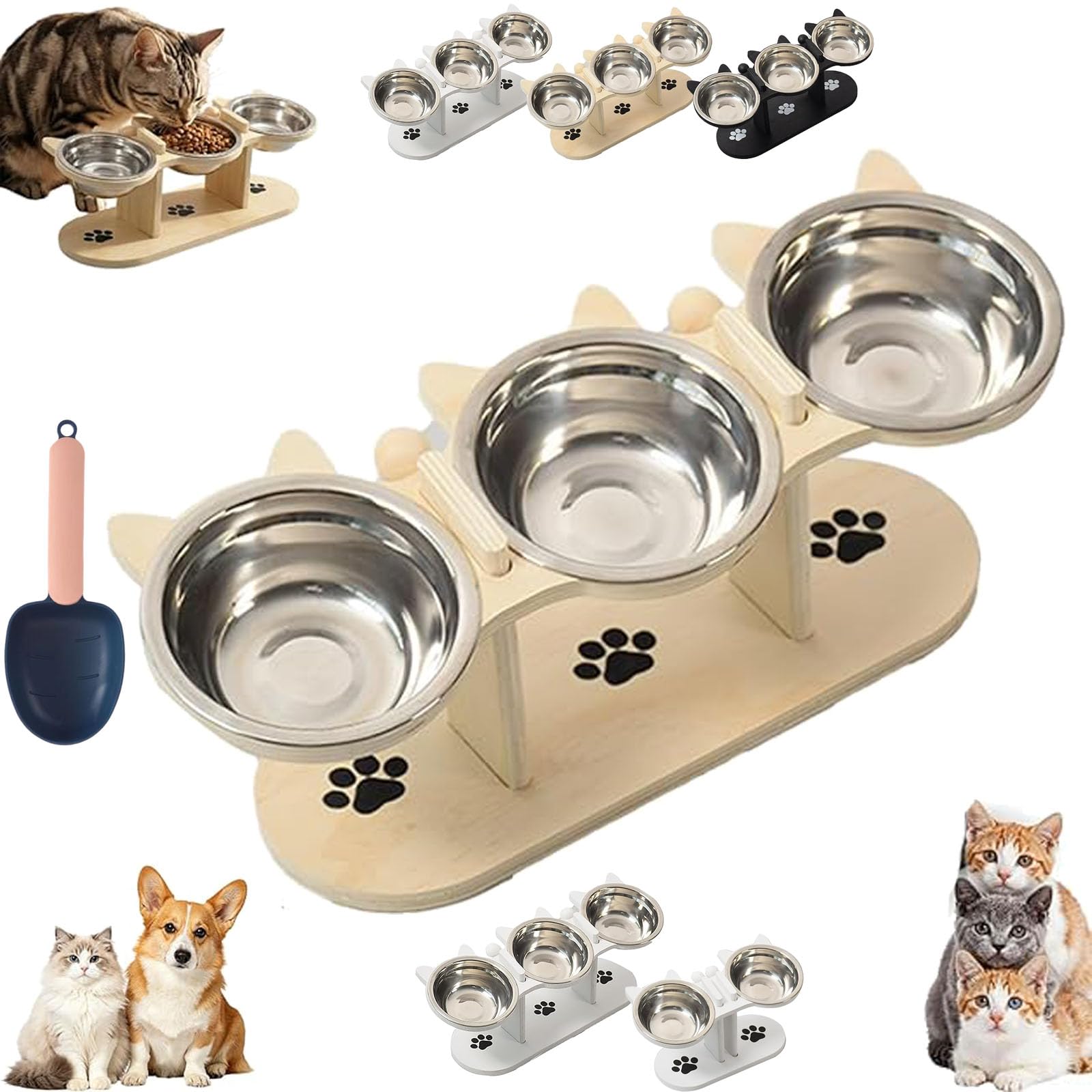 Anti-Slip Elevated 3-Bowl Pet Feeder, Non-slip Selevated Pet Feeder with 3 Bowl, 3-in-1 Elevated Cat Bowl with Stand Tilted, 15°tilted Reducing Neck Strain, For Cats and Dogs (Wood-Three bowls)