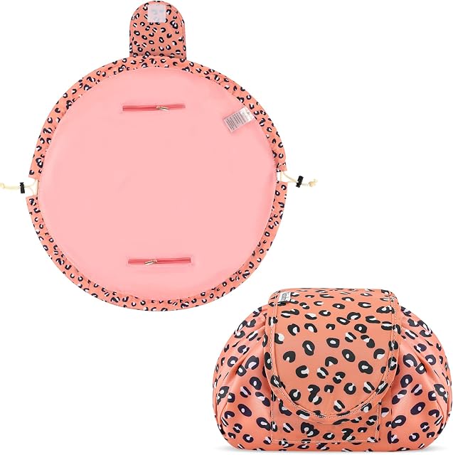 Lazy Drawstring Make up Bag Portable Large Travel Cosmetic Bag Pouch Travel Makeup Pouch Storage Organiser for Women Girl (Pink Leopard)