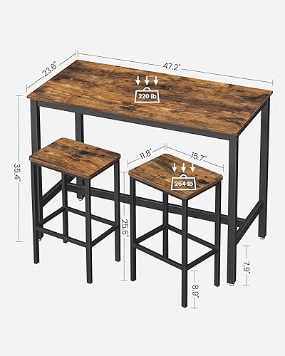 Miniatura 5 de VASAGLE Juego de mesa y sillas de bar, mesa rectangular con 2 taburetes, juego de pub de comedor para 2, ahorro de espacio para desayuno de cocina,