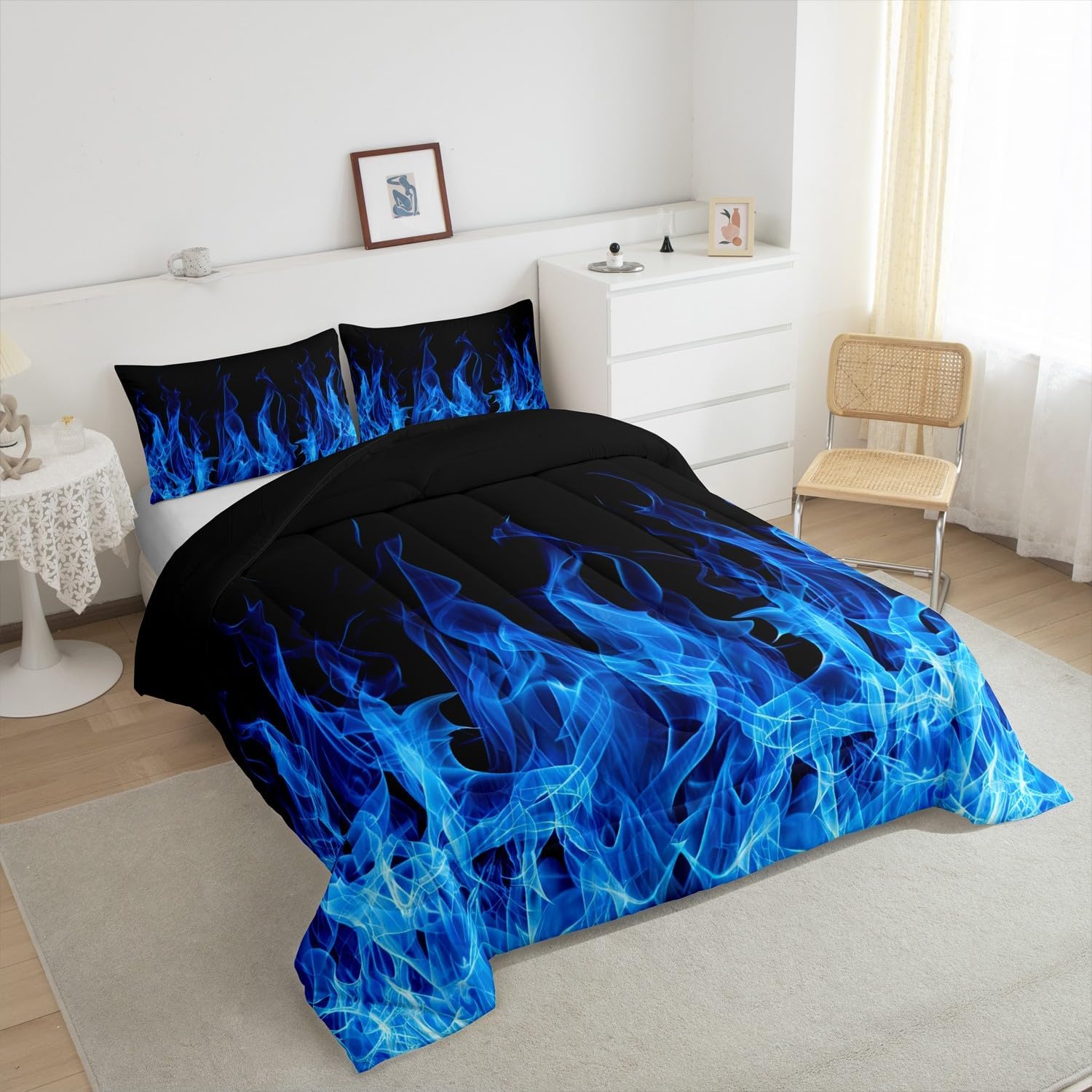 Feelyou Flame Bedding Bed Set Kawaii Decor Comforter Set for Kids Boys Women Blue Flame Comforter Chic C Quilt with 2 Pillowcases 3Pcs Bedding Queen