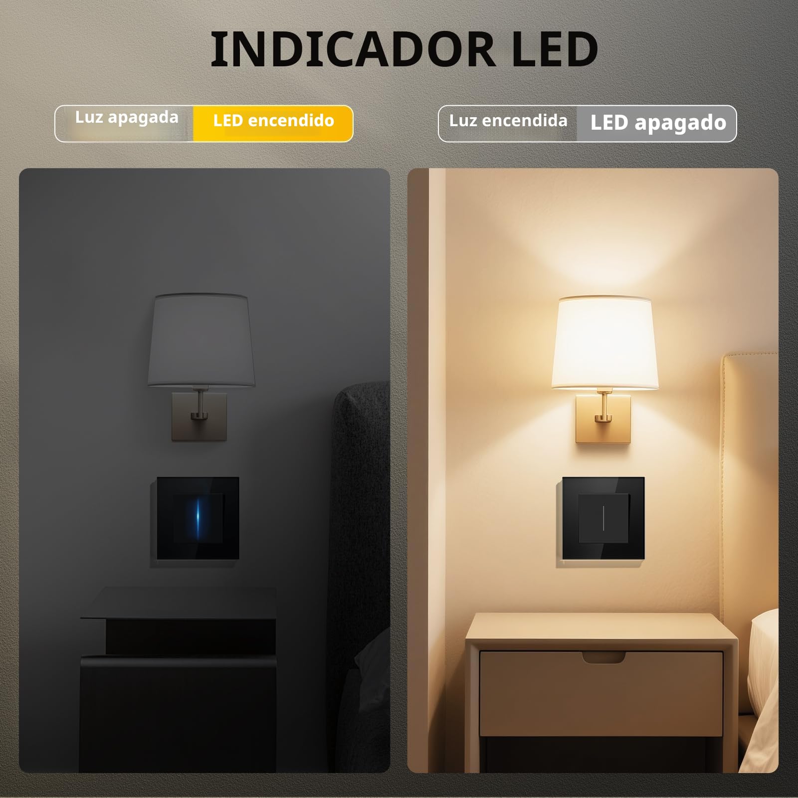Interruptor Pared,Interruptor de Pared con Marco de Cristal con LED Indicador,1 Gang 1 Vía,Fácil Instalación Diseño de Gancho de Garra,86 * 86mm Negro