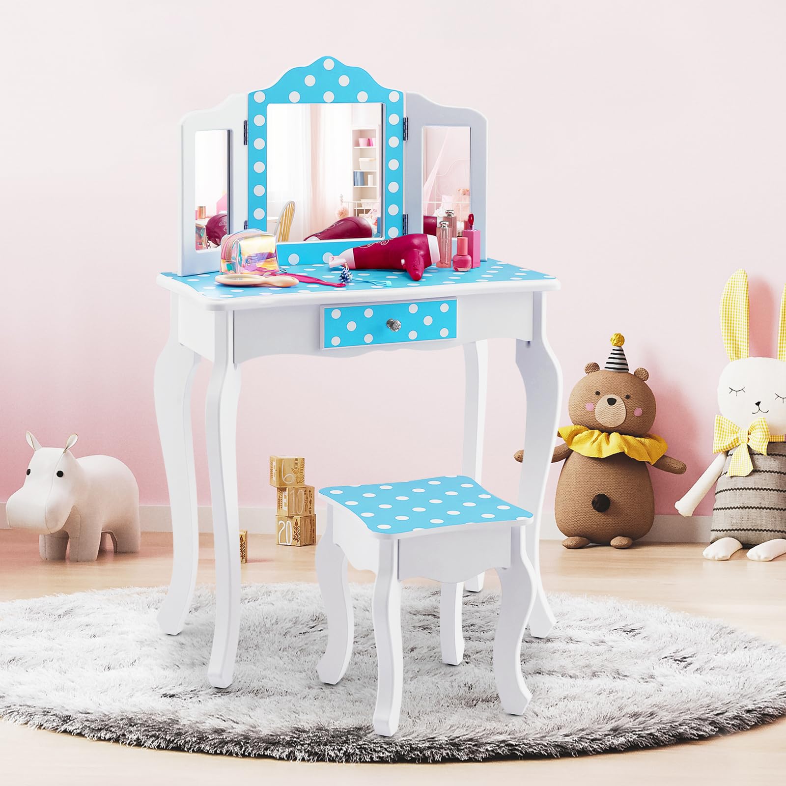 DREAMADE 2 in 1 Schminktisch Kinder mit Hocker und Abnehmbarer Spiegel, Prinzessin Frisiertisch mit Schublade Kosmetiktisch aus Holz, Kinderschminktisch für mädchen (Pünktchenmuster-Blau)
