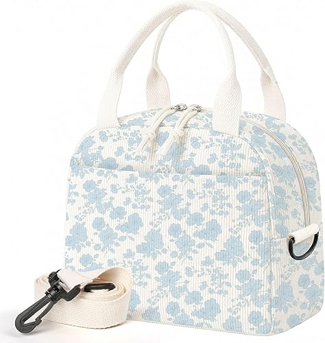 Miniatura 14 de Lonchera para mujer, lonchera con diseño floral, bonita lonchera aislada de pana con correa para el hombro para mujeres adultas, para el trabajo,