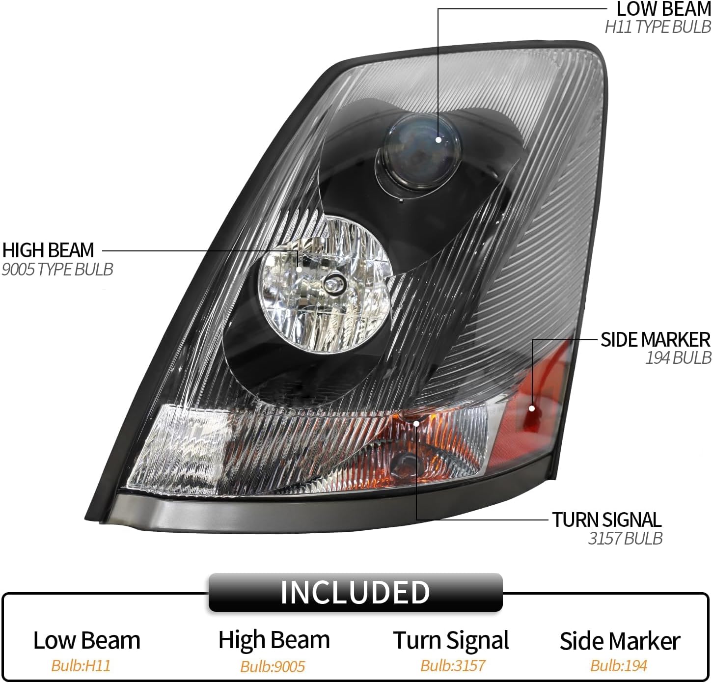 Black Headlight Fit for 2004-2018 Volvo VNL VNM 2004-2015 Volvo VN, Pair Headlamp Headlights Black House (Left & Right Side)