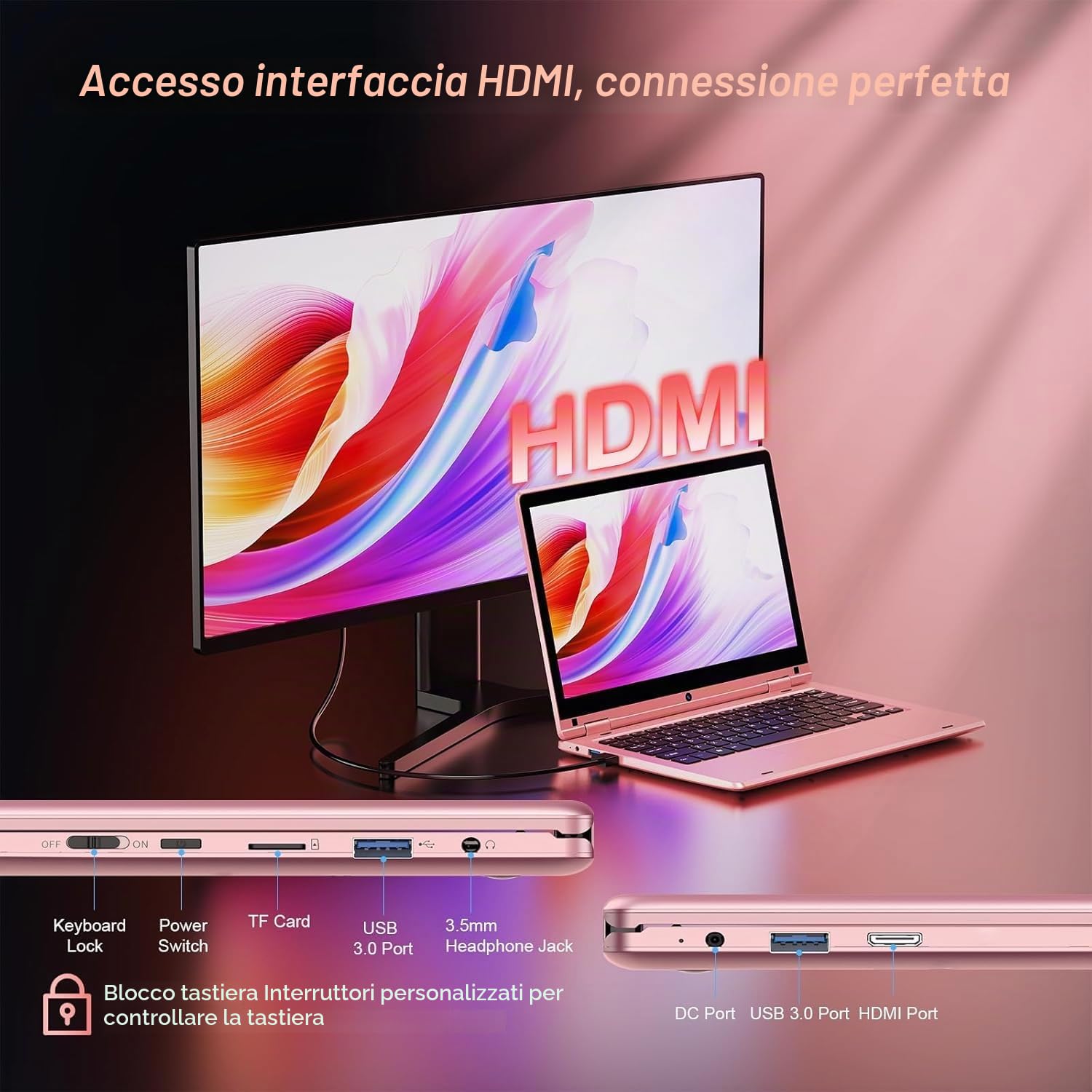 PINSTONE 11,6'' Laptop Touch pieghevole a 360°, Laptop Celeron N4020, 6GB RAM 128GB SSD, WiFi (2,4G/5G), Bluetooth, 1366 x 768 IPS, Webcam, PC portatile su misura per i professionisti - Rosa