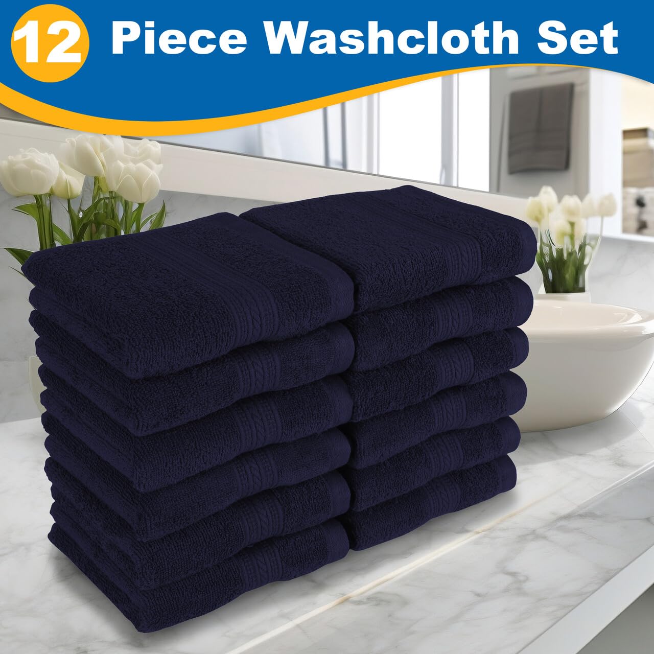 Kaufman Luxury Washcloths 12 Pack – 13x13 Inch, 100% Cotton, 600 GSM, Super Soft & Absorbent