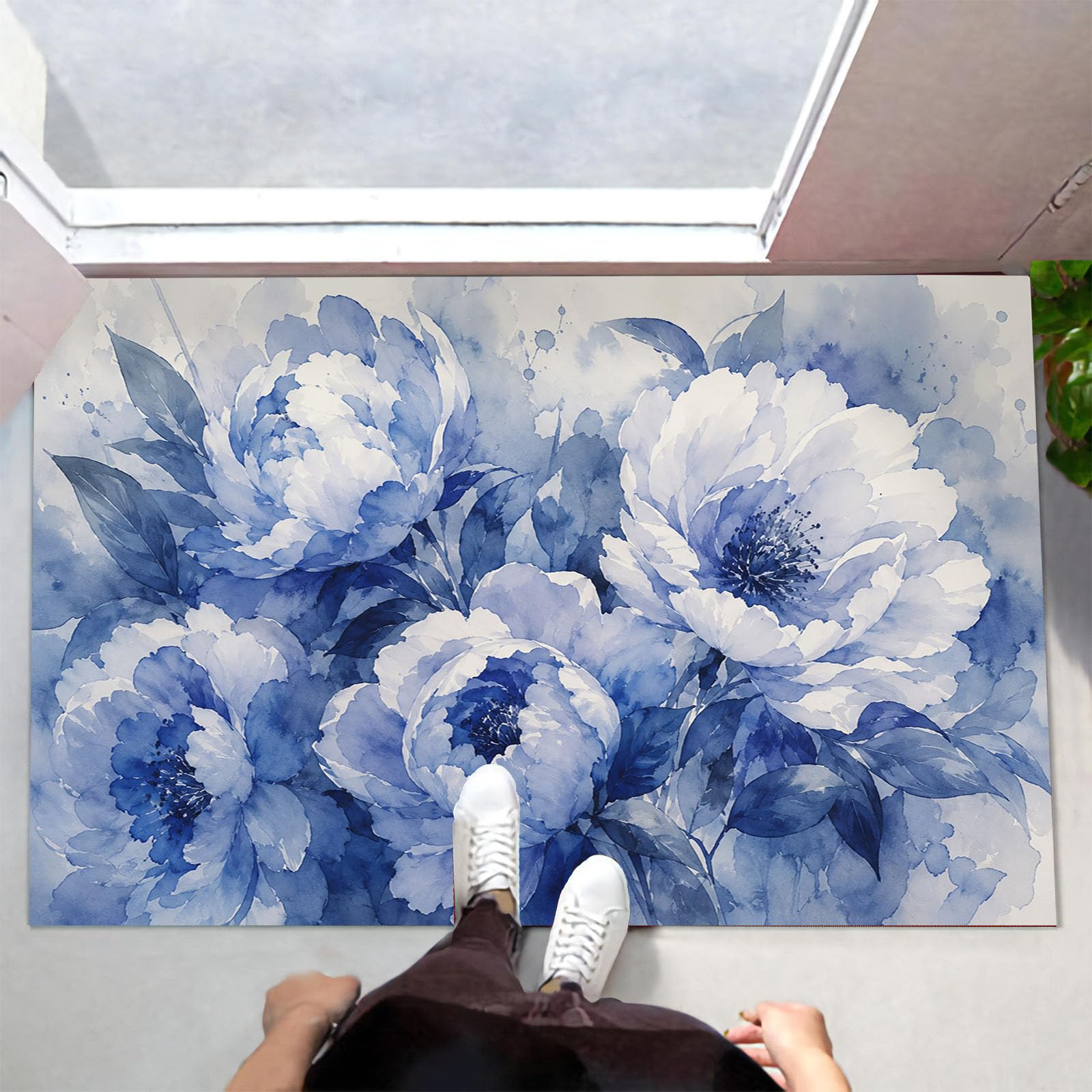 60X90Cm Zerbino Ingresso Interno Antiscivolo Assorbente, Tappeto Microfibra Sottile Lavabile Con Peonia Acquerello Sfumato Piante Della Tranquillità Orientale Per Cucina Bagno Porta Animali, Indaco