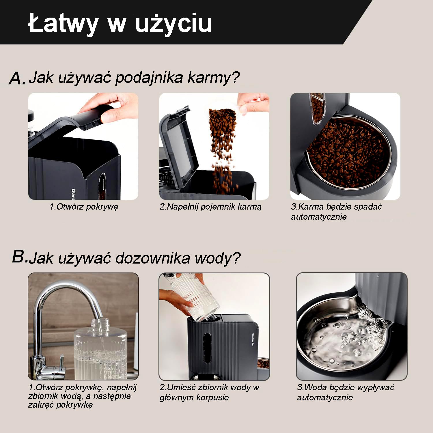 Gardner Pet Automatyczny karmnik dla kotów i dozownik wody 2 w 1, 3L*2, miski dla kotów z miską ze stali nierdzewnej, grawitacyjny dozownik wody dla psów, w 100% wolny od BPA, nie wymaga