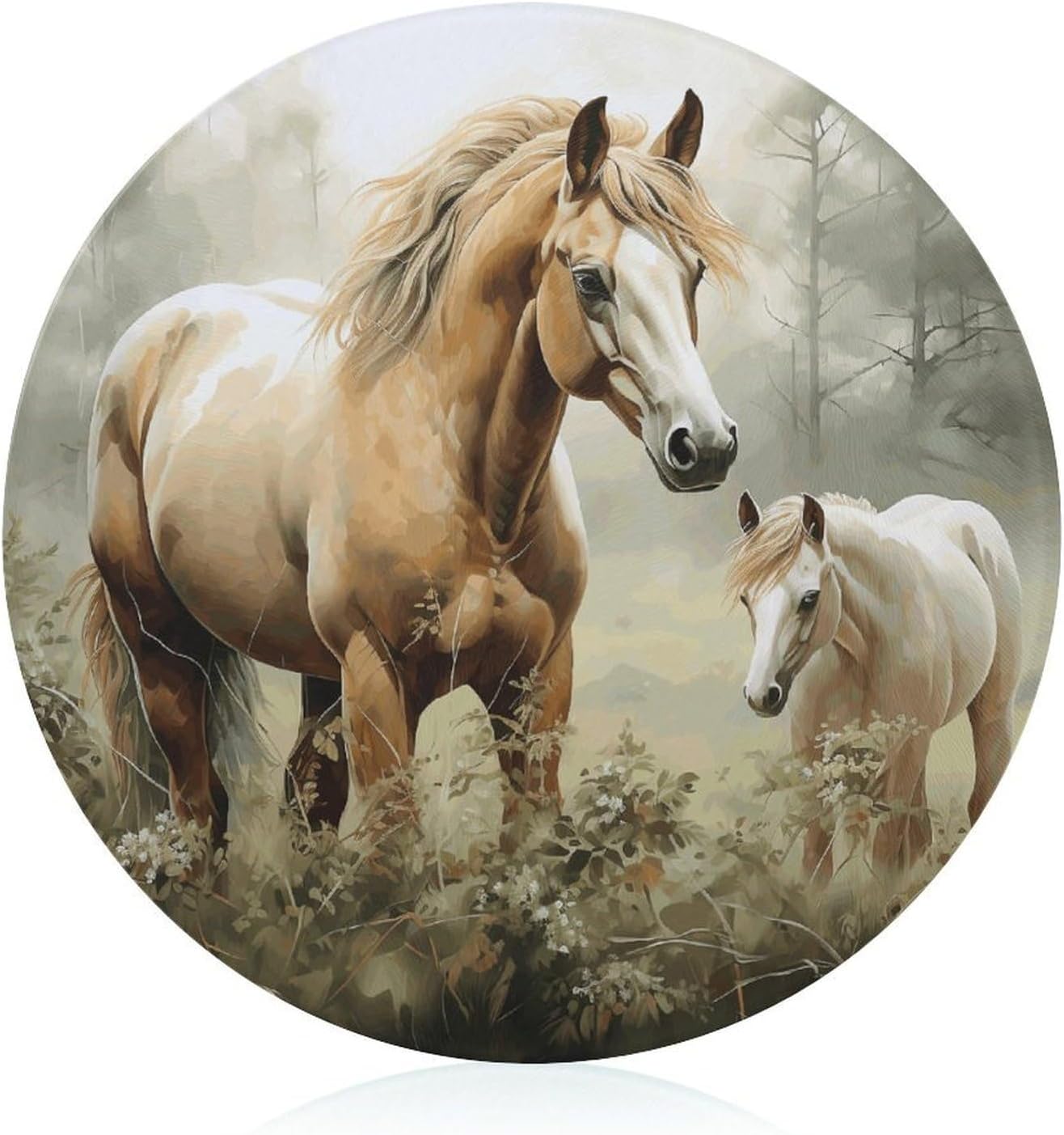 Animals Embroidery Paintings Horses Cutting Board Round Tempered Glass Butcher Block Heavy Duty Chopping Boards Kitchen Counter Protector Non Slip Cutting Mat for Meat Fruits Vegetables 7.9"
