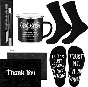 ReliThick 6 Pcs Engineer Gifts for Men 12 oz Cool Enamel Mug Socks Ballpoint Pen with Box Thank You Card Envelope Unique Fun Fathers Day Birthday Retirement Gifts for Mechanical Electrical Engineer