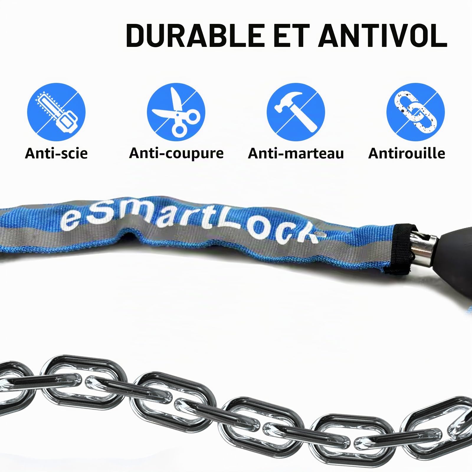 Antivol de vélo étanche sans clé eLinkSmart 100 cm pour vélo, scooter, moto, porte, clôture, portail, empreintes digitales, application Bluetooth, très résistant, bleu 2024