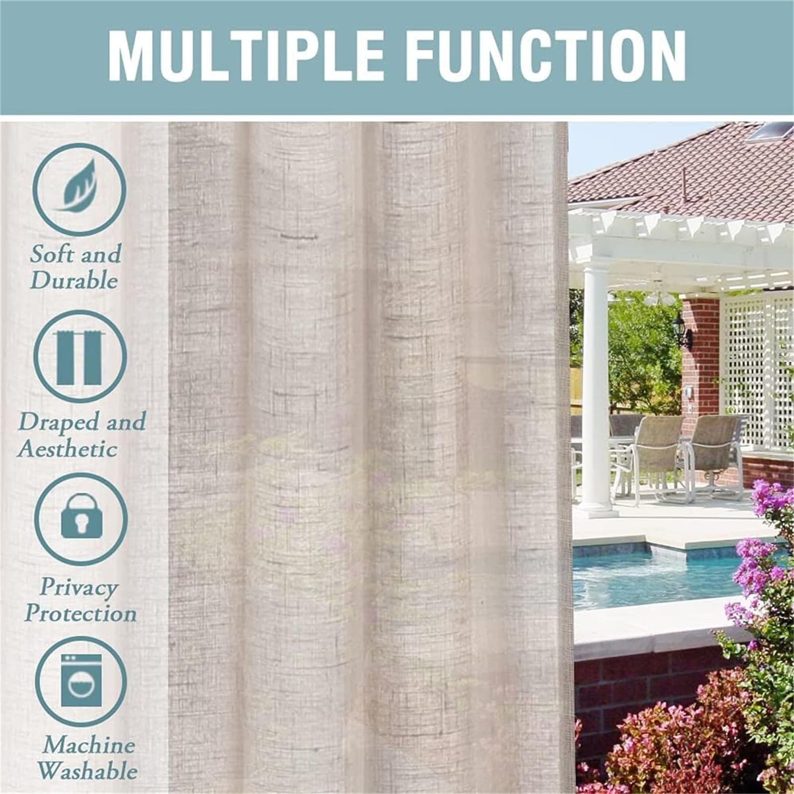 Outdoor Gardinen Wetterfest Halbtransparent Outdoor Vorhang Wasserdicht 2 Stücke Terrasse Vorhänge mit Klettverschluss Leinenoptik Outdoorvorhänge für Pavillon, 243x132 cm, Natürlich