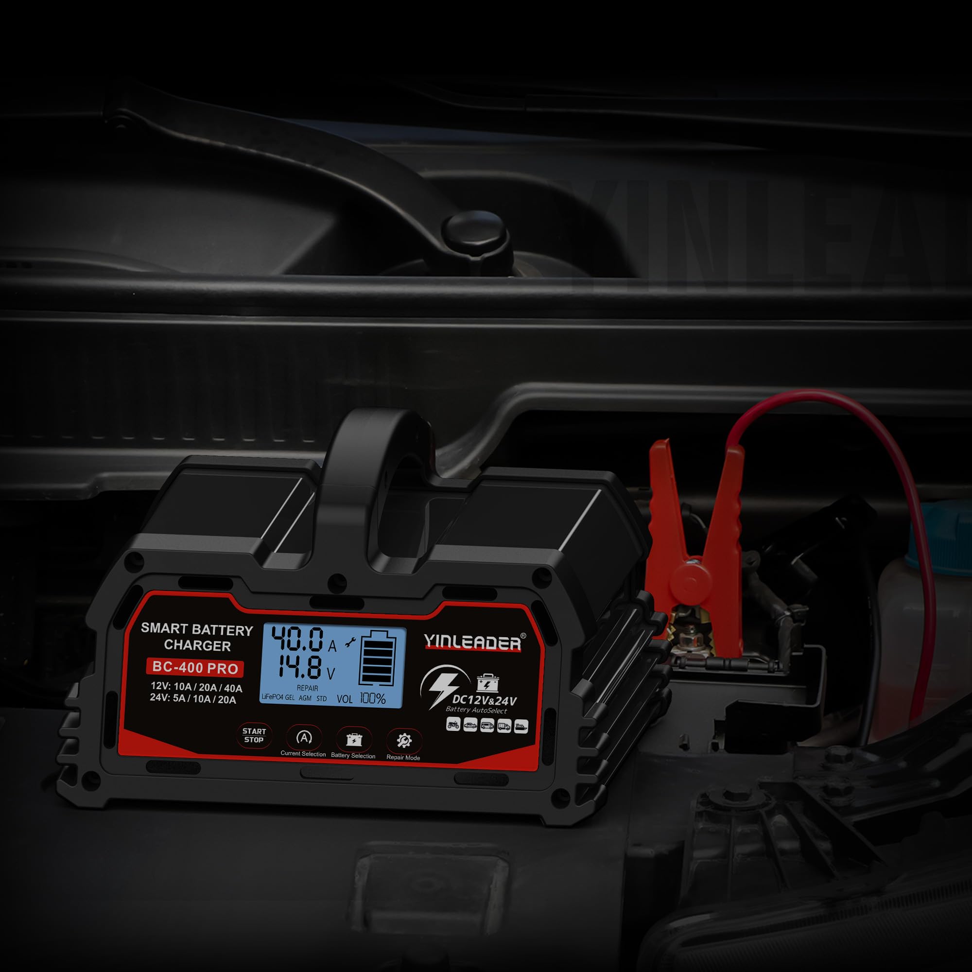 Caricabatteria da auto 40A/20A 12V/24V 20A/10A caricabatteria da auto completamente automatico intelligente con schermo LCD, caricabatterie per batteria LiFePO4 da 12 V, nero