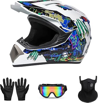 Youth Sport Full-Face Helmet for BMX, Mountain Bike & Off-Road Motocross Helmet, DOT Certified Motorcycle Helmet for Dirt Bike & ATV, Lightweight and Comfortable, 4-Piece Set