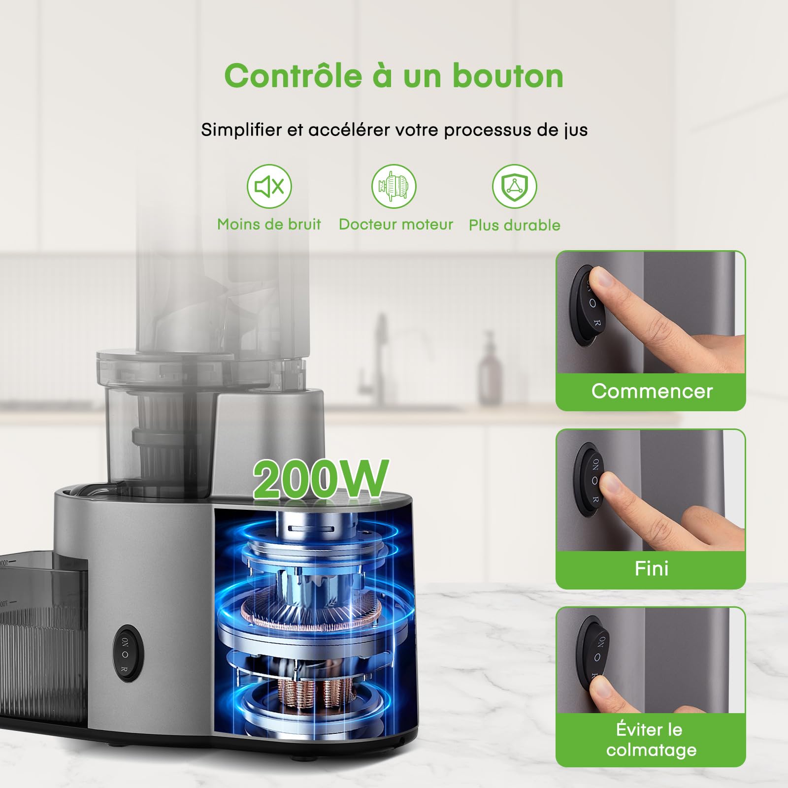 Extracteur de Jus de Fruits et Légumes, Slow Juicer 200W, Bouche 119MM, Fonction Inverse