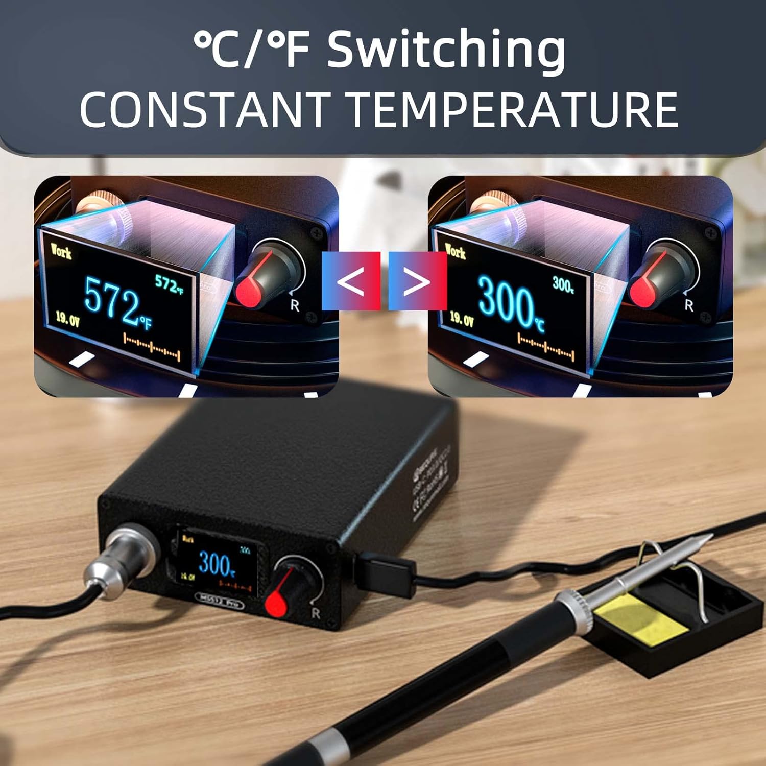 Image showing the Celsius and Fahrenheit temperature switching on the LCD display of the soldering station.