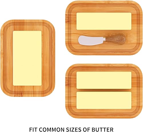 Miniatura 7 de Mantequillera con tapa para frescura de encimera y refrigerador, plato de mantequilla de vidrio con plato de bambú grueso, bandeja de mantequilla,