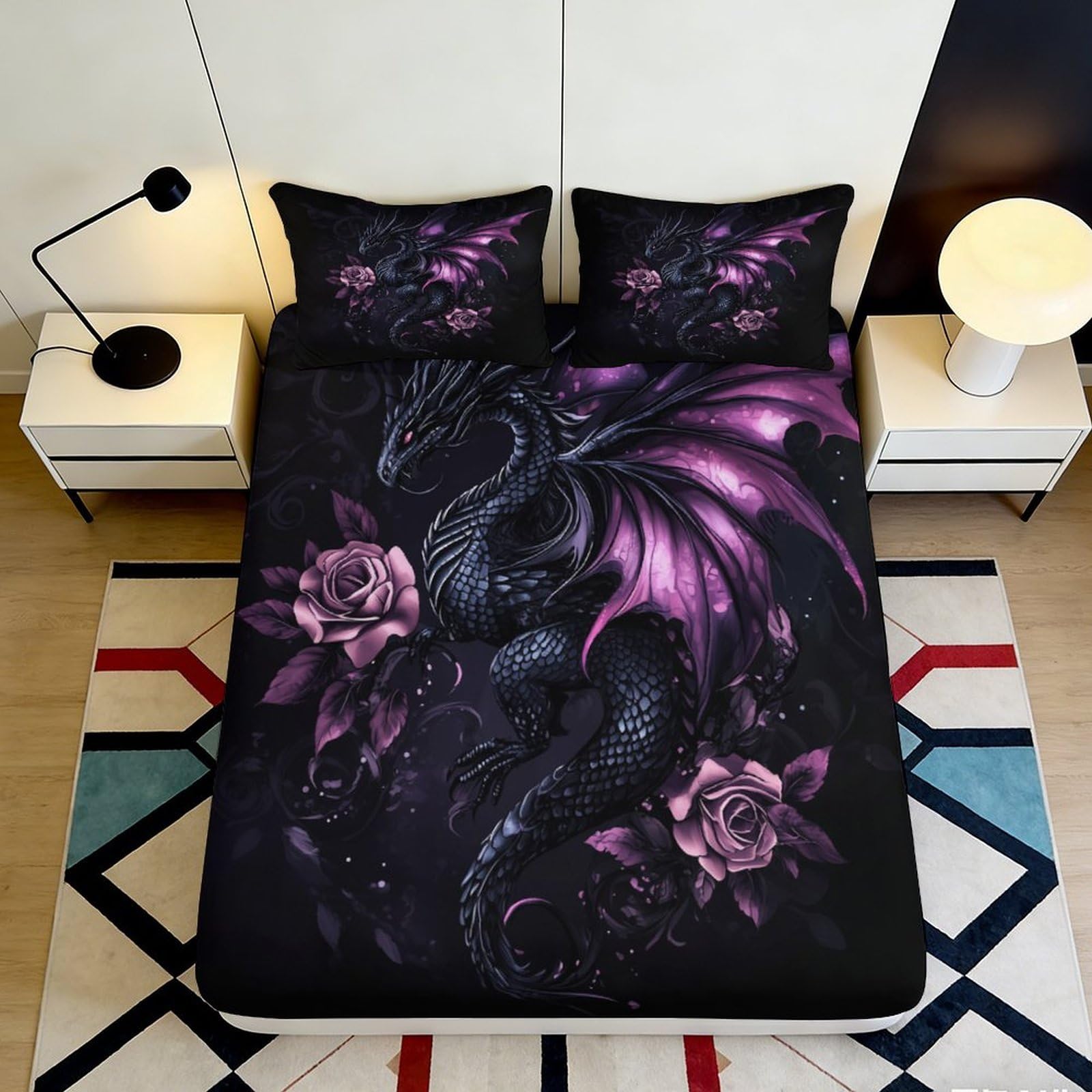 Jxqhbvmg Style-2 3D Printed Dragon Rose Fitted Sheet Microfiber Non-Slip Deep Pocket Bedroom Bedding Set Dragon Mattress Fitted Cover For Adults Washable 90X200x25cm
