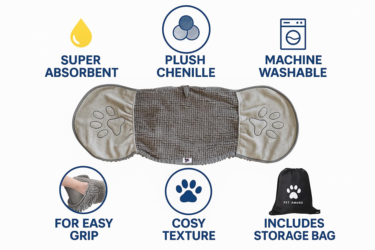 Premium Dog Drying Towel, Super Absorbent 1300 GSM Chenille Microfiber Pet Shammy with Hand Pockets, Quick Dry - Image 3