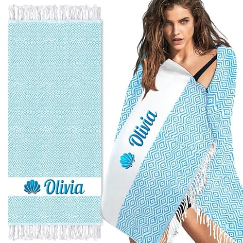 Heflashor Hamamtuch Strandtuch Personalisiert mit Name Badetuch Groß 100x180 cm Schnell Trockenes Handtuch Saunatuch Türkischer Stranddecke Picknickdecke,Himmelblau