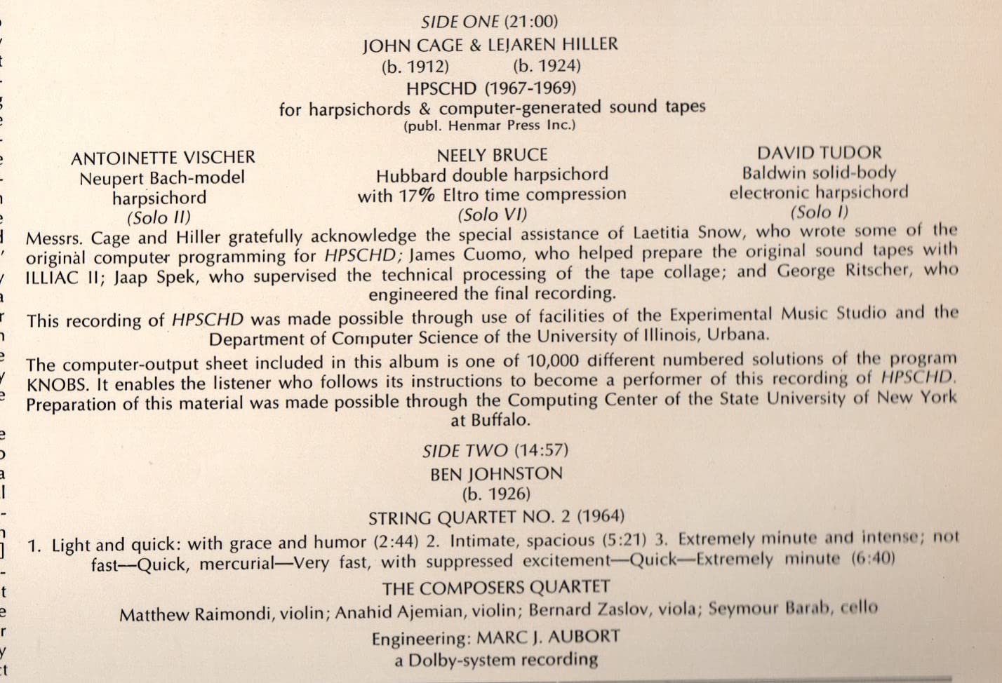 Amazon | John Cage & Lejaren Hiller : HPSCHD ; Ben Johnston