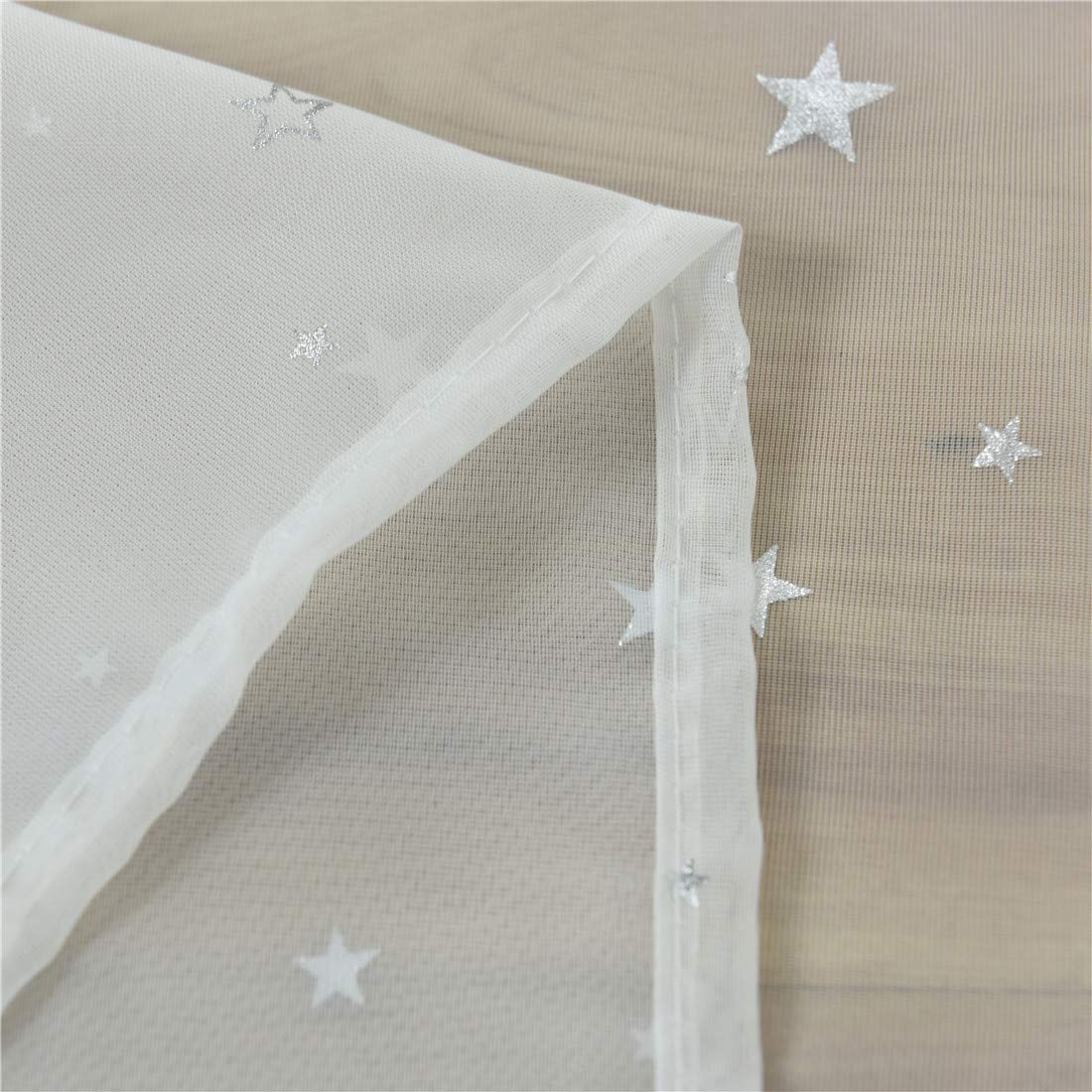 Silber Metallic Look Sterne Voile Gardine Transparent Vorhang für Wohn- und Schlazimmer Voile Fenster Gardinen Dekoration 2er Set Vorhänge,Weiß,W140xL180cm