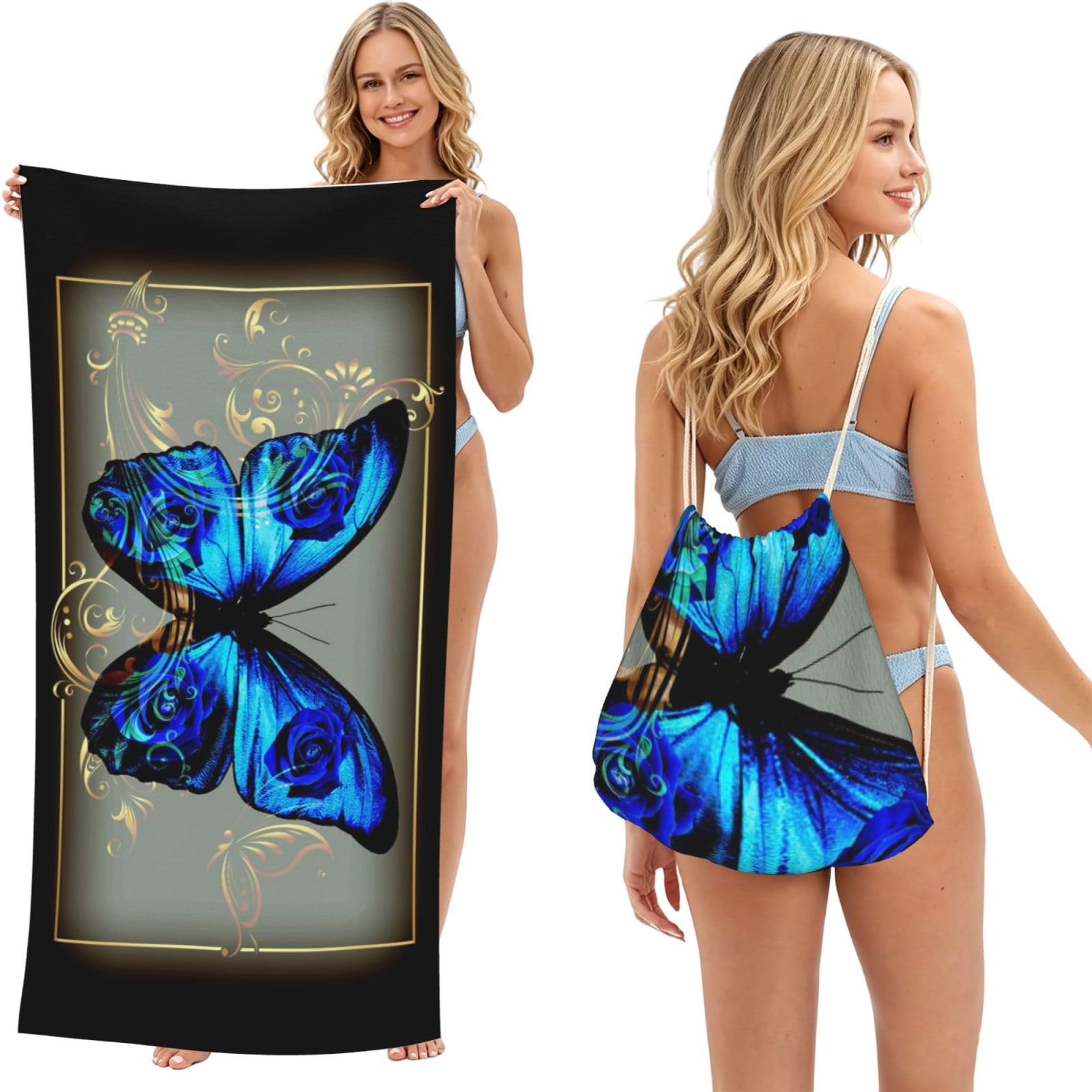 WSHFFILO Blue Butterfly printed 2 in 1 Packable Towel Bag Bath Towel Beach Towel