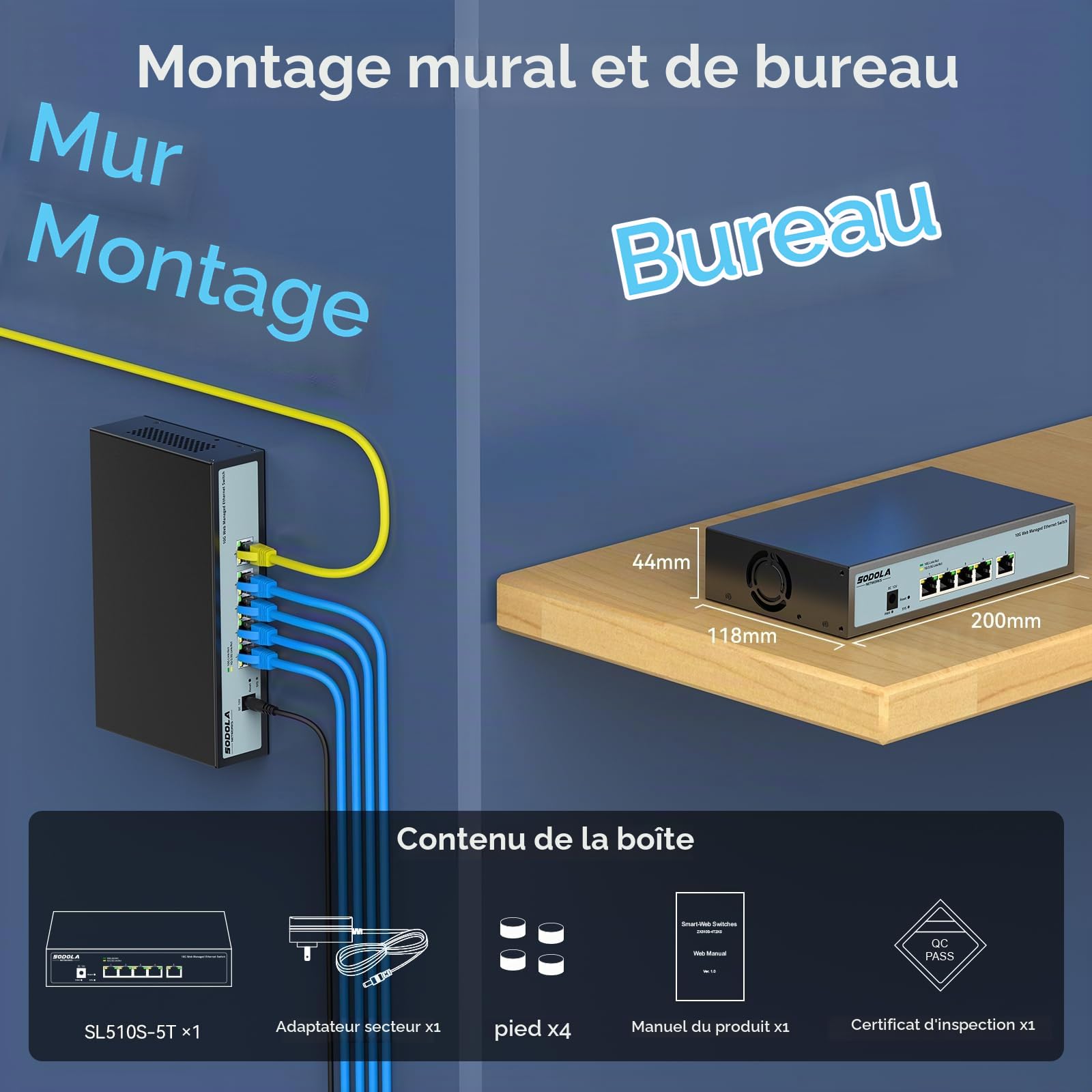 SODOLA Switch 10Gb Ethernet 5 Ports géré Via Le Web, 5x10G RJ45 | Boîtier métallique, refroidissement ventilé, prend en charge LACP/QoS/VLAN/IGMP, montage bureau/mural