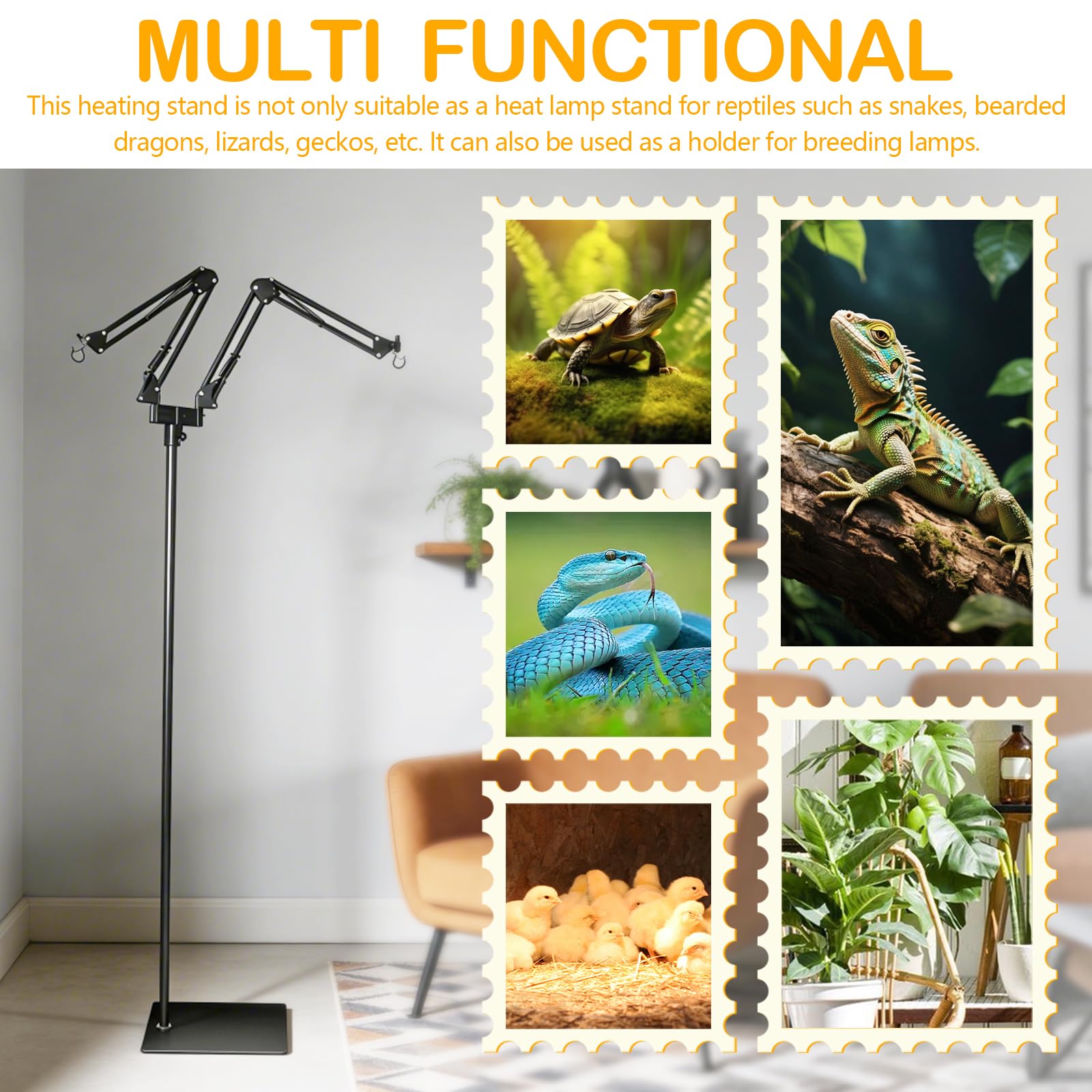 Soporte de Lámpara de Reptiles, Altura Ajustable 40-160CM, Rotación de 360°, Soporte de Luz de Suelo Telescópico de Reptiles con 2 Ganchos para Tortugas, Ciempiés y Arañas