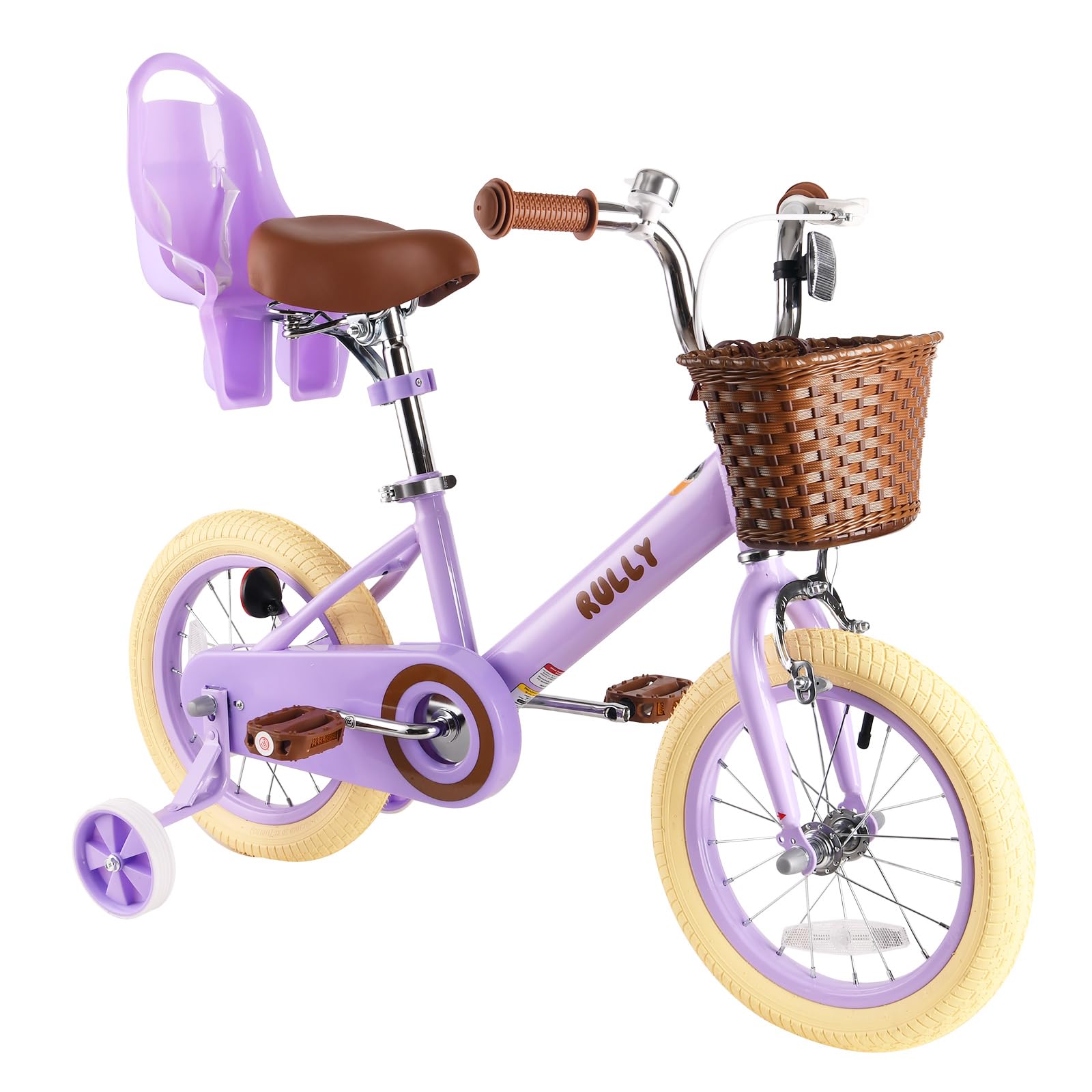 RULLY Retro Kids Bike with Training Wheels & Basket for 2-12 Years Old Girls & Boys, 12" 14" 16" Kids Bike with Doll Seat (Purple, Pink, Green, Beige)