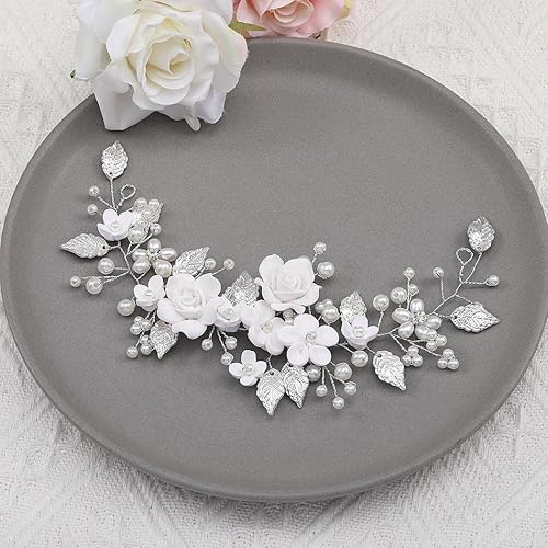 Miniatura 2 de Unicra Pelo de novia de flores para boda, perla, pieza de pelo de novia, accesorios para el cabello de hojas, diadema de diamantes de imitación para