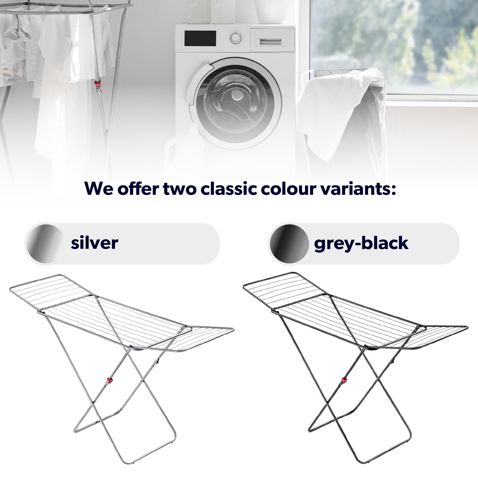KADAX étendoir à Linge sur Pied à Ailes - Acier argenté L 18 m - pour Appartement - Pieds antidérapants et Format Pliable Gain de Place Made in UE