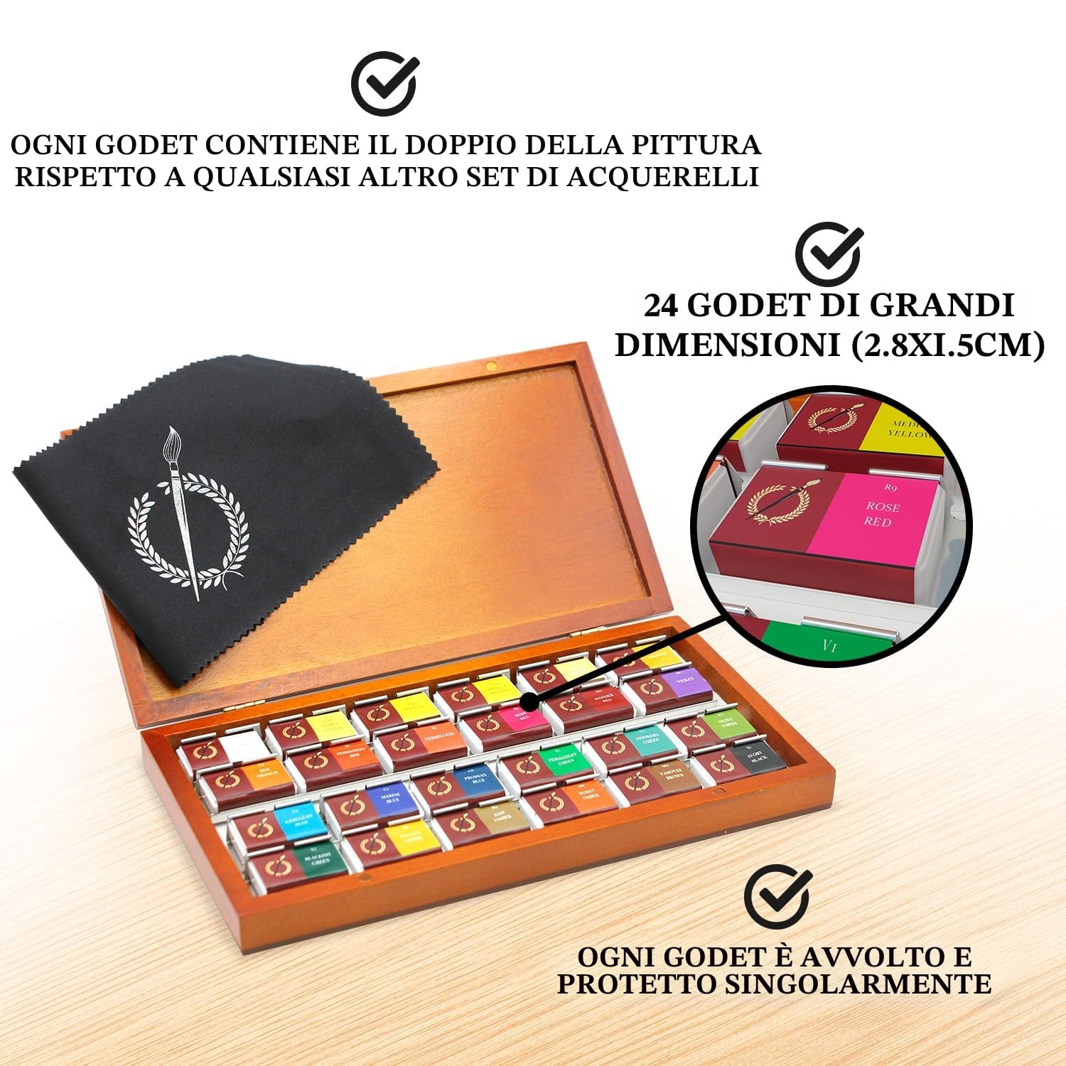 Pinturale Set Acquerelli Professionali | Kit Acquerello Premium con 24 Colori Grandi + Scatole Di Legno + Panno | Acquarelli Professionali Per Artisti
