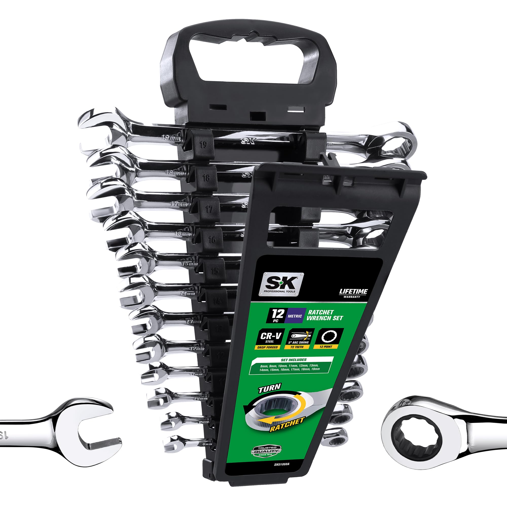 SK Ratcheting Wrench Set, Combination Wrench Set, 12-Piece, Metric 8 to 19mm, 72-Tooth, Premium CR-V Construction, with Rack Organizer